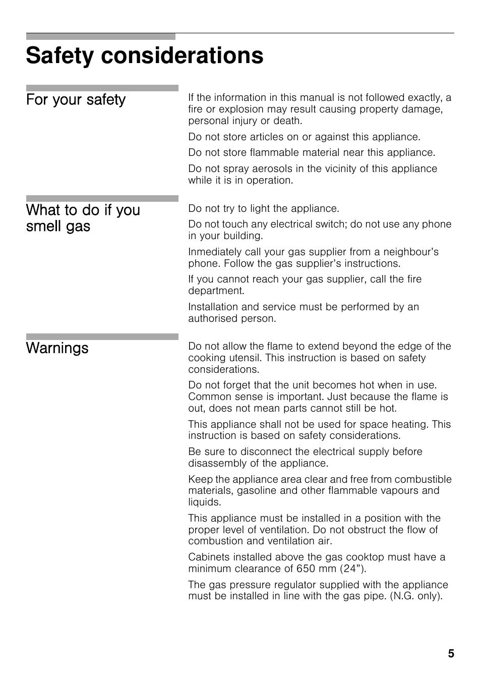 Safety considerations, For your safety, What to do if you smell gas | Warnings | Neff T69S86N0 User Manual | Page 5 / 26