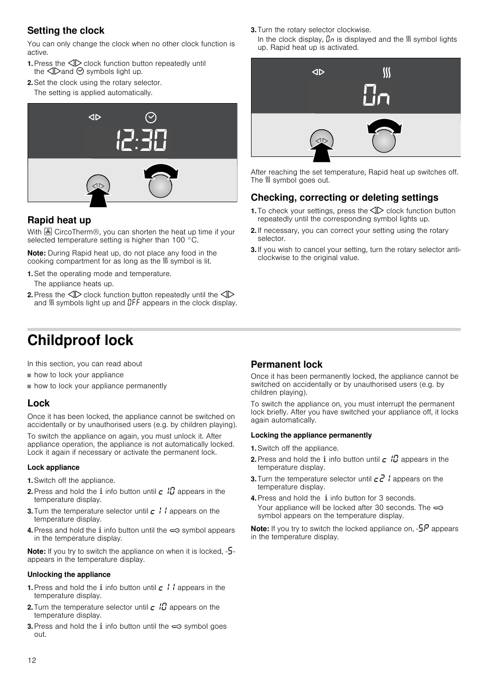 Setting the clock, Set the clock using the rotary selector, Rapid heat up | Note, Set the operating mode and temperature, Turn the rotary selector clockwise, Checking, correcting or deleting settings, Childproof lock, Lock, Lock appliance | Neff B45E74N3GB User Manual | Page 12 / 32