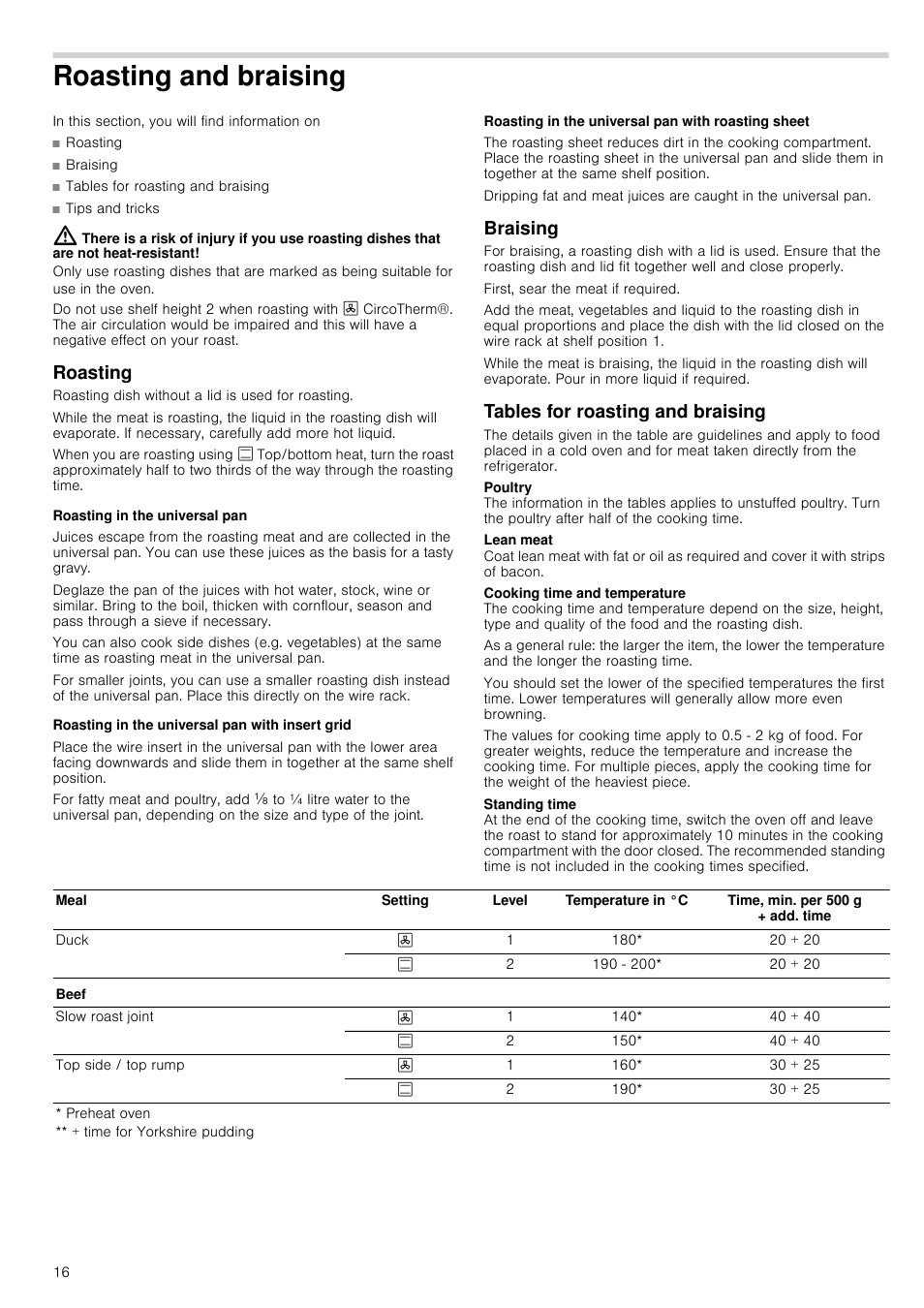Roasting and braising, Roasting, Roasting in the universal pan | Roasting in the universal pan with insert grid, Roasting in the universal pan with roasting sheet, Braising, Tables for roasting and braising | Neff B45E74N3GB User Manual | Page 16 / 32