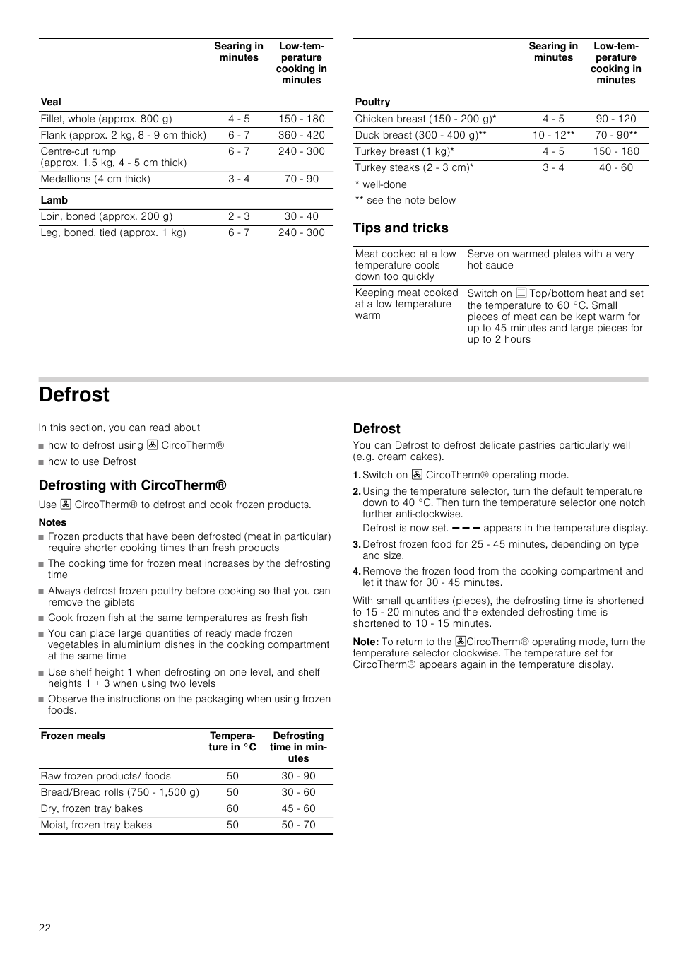 Tips and tricks, Defrost, Defrosting with circotherm | Notes, Switch on 3 circotherm® operating mode, Note, Defrost defrosting with circotherm® defrost | Neff B45E74N3GB User Manual | Page 22 / 32