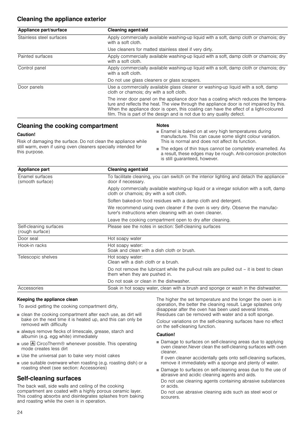 Cleaning the appliance exterior, Cleaning the cooking compartment, Caution | Notes, Keeping the appliance clean, Self-cleaning surfaces | Neff B45E74N3GB User Manual | Page 24 / 32