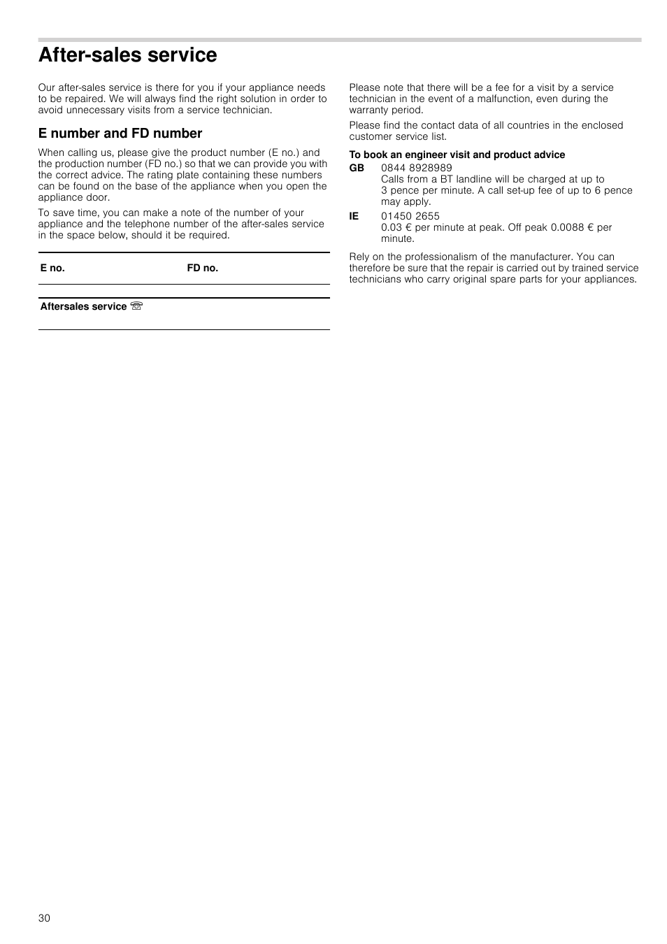 After-sales service, E number and fd number, To book an engineer visit and product advice | Vice e number and fd number | Neff B45E74N3GB User Manual | Page 30 / 32