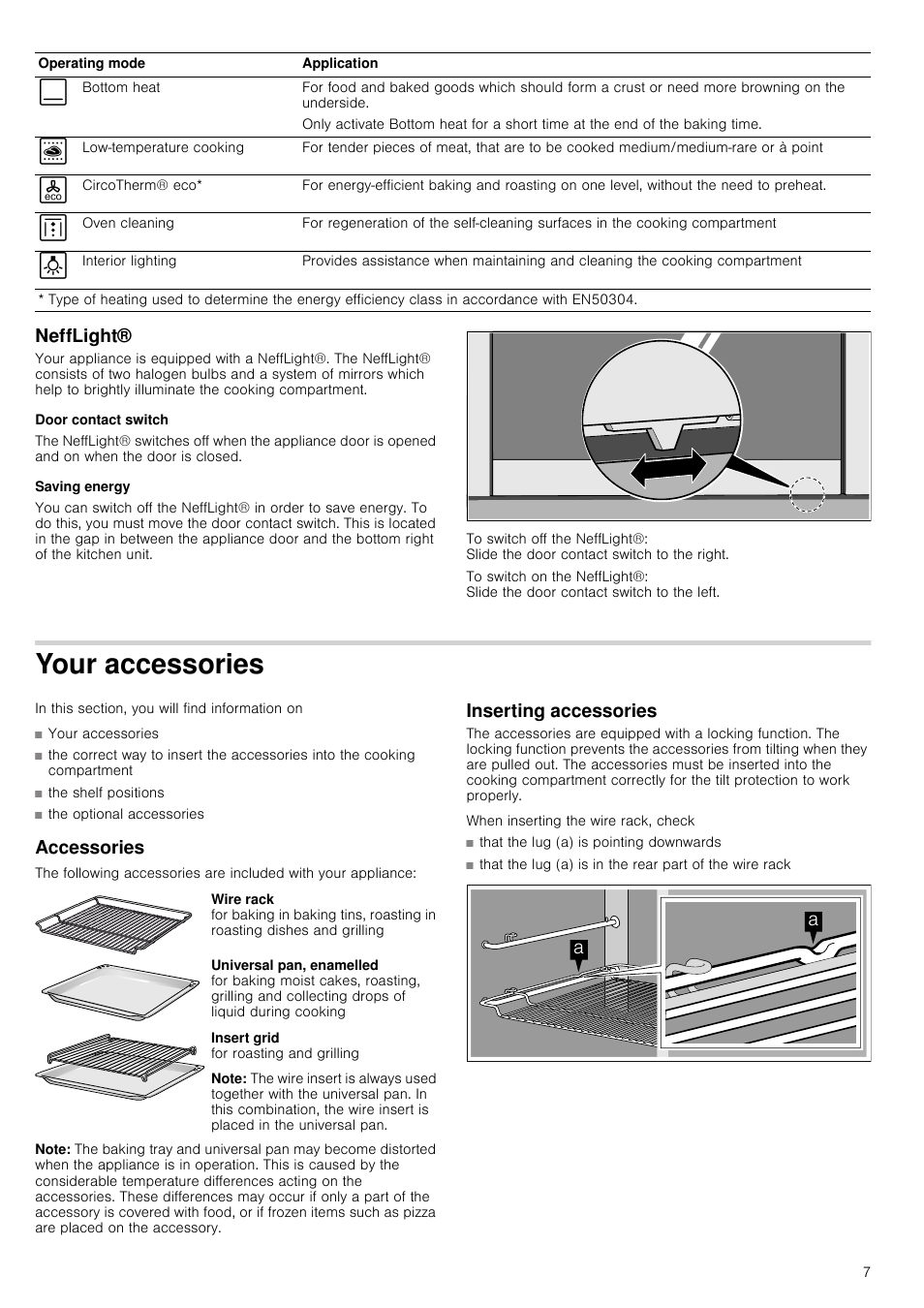 Nefflight, Door contact switch, Saving energy | Your accessories, Accessories, Note, Inserting accessories | Neff B45E74N3GB User Manual | Page 7 / 32