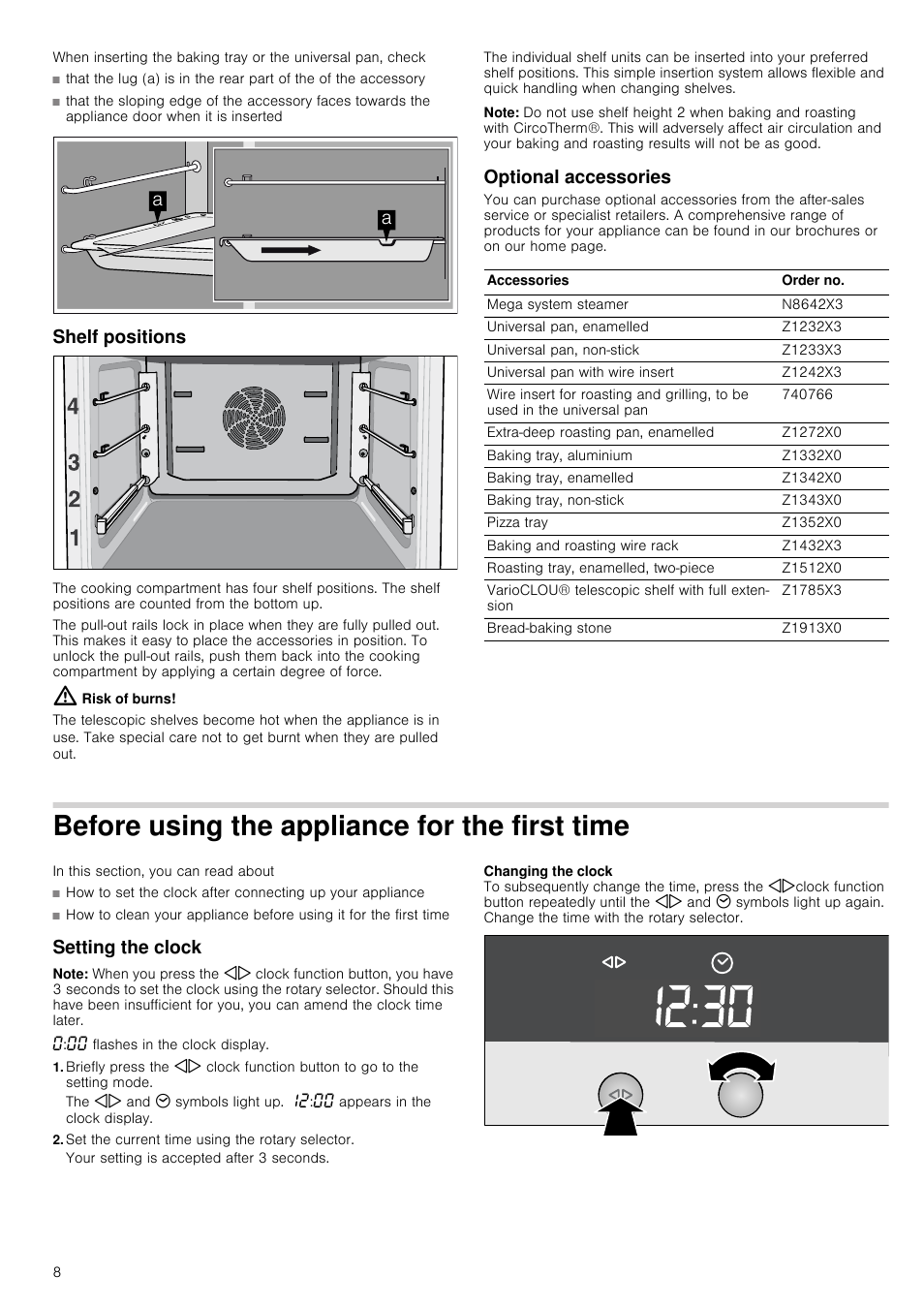 Shelf positions, Risk of burns, Note | Optional accessories, Before using the appliance for the first time, Setting the clock, Set the current time using the rotary selector, Rst time setting the clock | Neff B45E74N3GB User Manual | Page 8 / 32