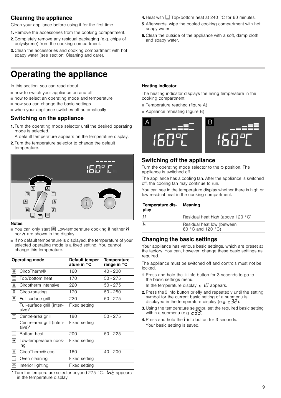 Cleaning the appliance, Operating the appliance, Switching on the appliance | Notes, Heating indicator, Switching off the appliance, Changing the basic settings, Press and hold the ± info button for 3 seconds, Ating the appliance | Neff B45E74N3GB User Manual | Page 9 / 32