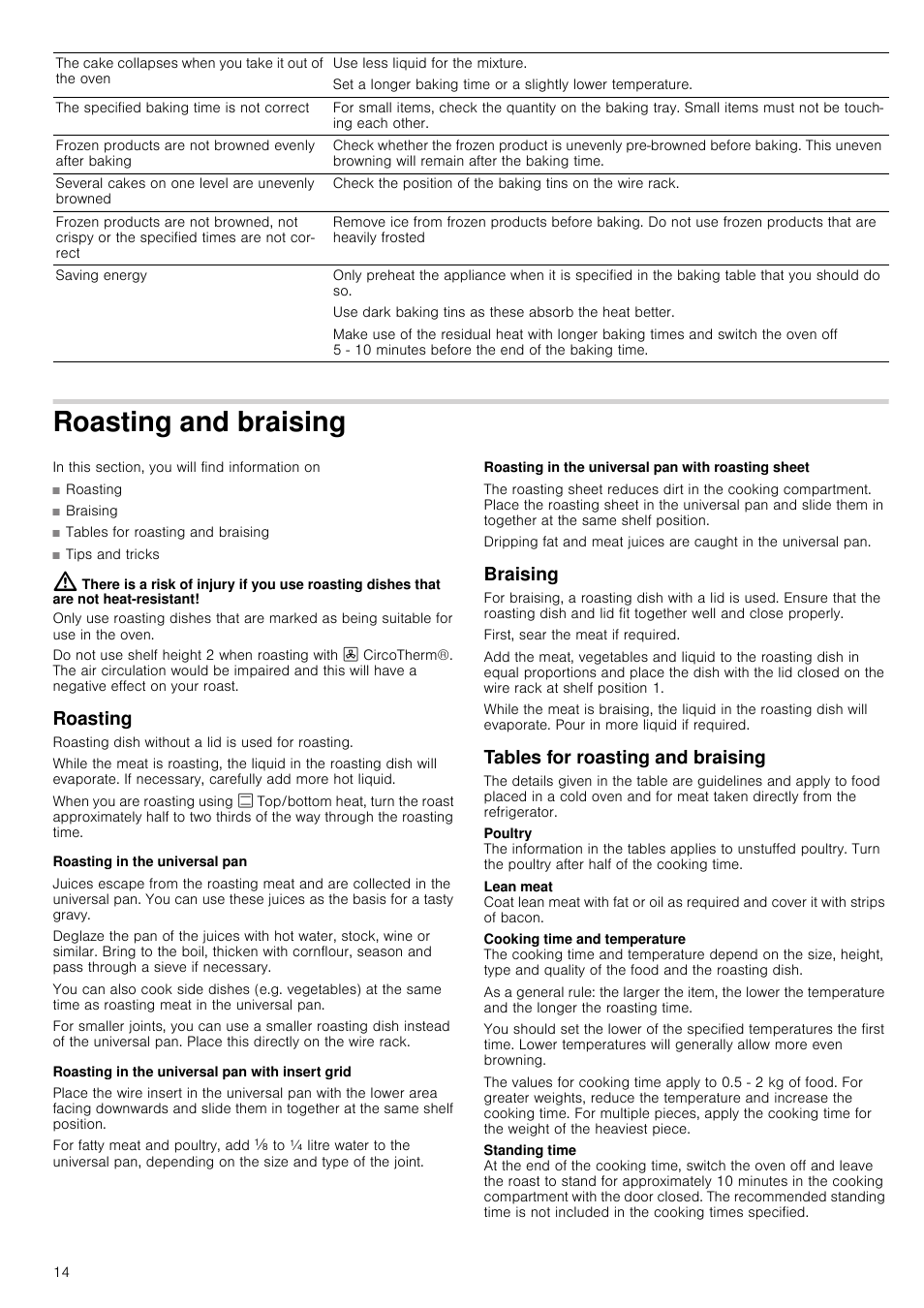 Roasting and braising, Roasting, Roasting in the universal pan | Roasting in the universal pan with insert grid, Roasting in the universal pan with roasting sheet, Braising, Tables for roasting and braising | Neff B45M54N3GB User Manual | Page 14 / 28