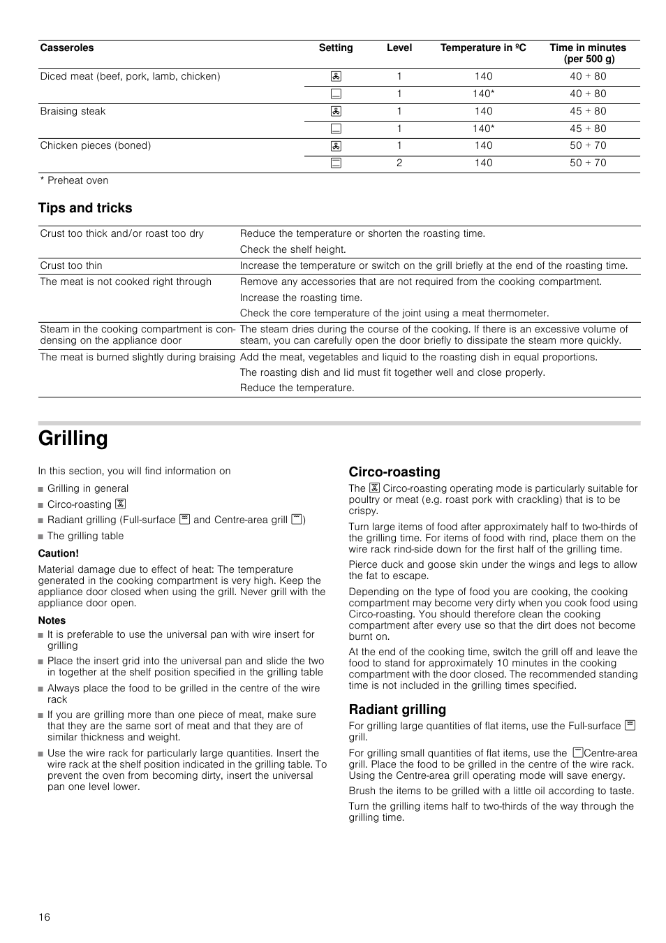 Tips and tricks, Grilling, Caution | Material damage due to effect of heat, Notes, Circo-roasting, Radiant grilling, Circo-roasting radiant grilling | Neff B45M54N3GB User Manual | Page 16 / 28