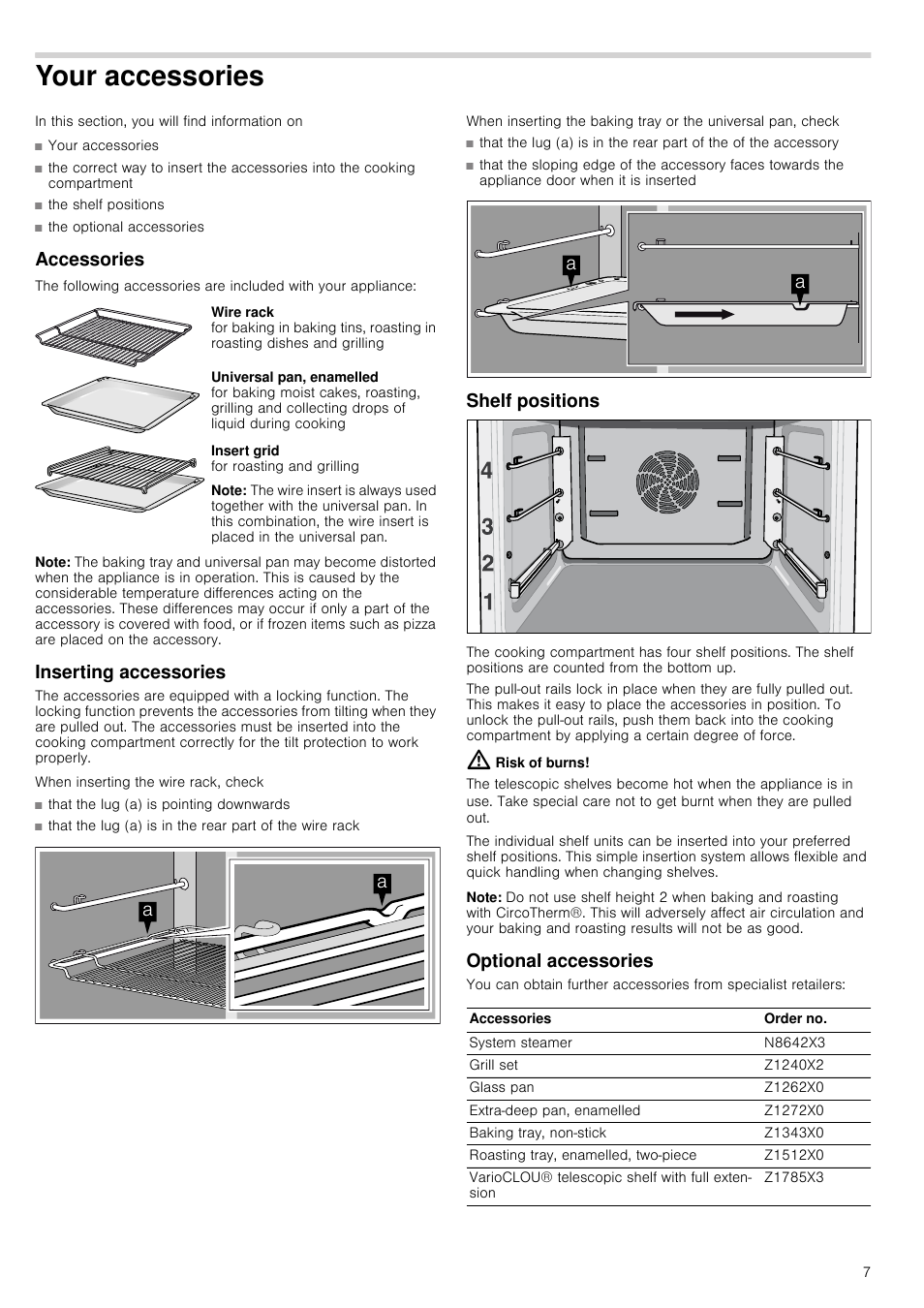 Your accessories, Accessories, Note | Inserting accessories, Shelf positions, Risk of burns, Optional accessories | Neff B45M54N3GB User Manual | Page 7 / 28