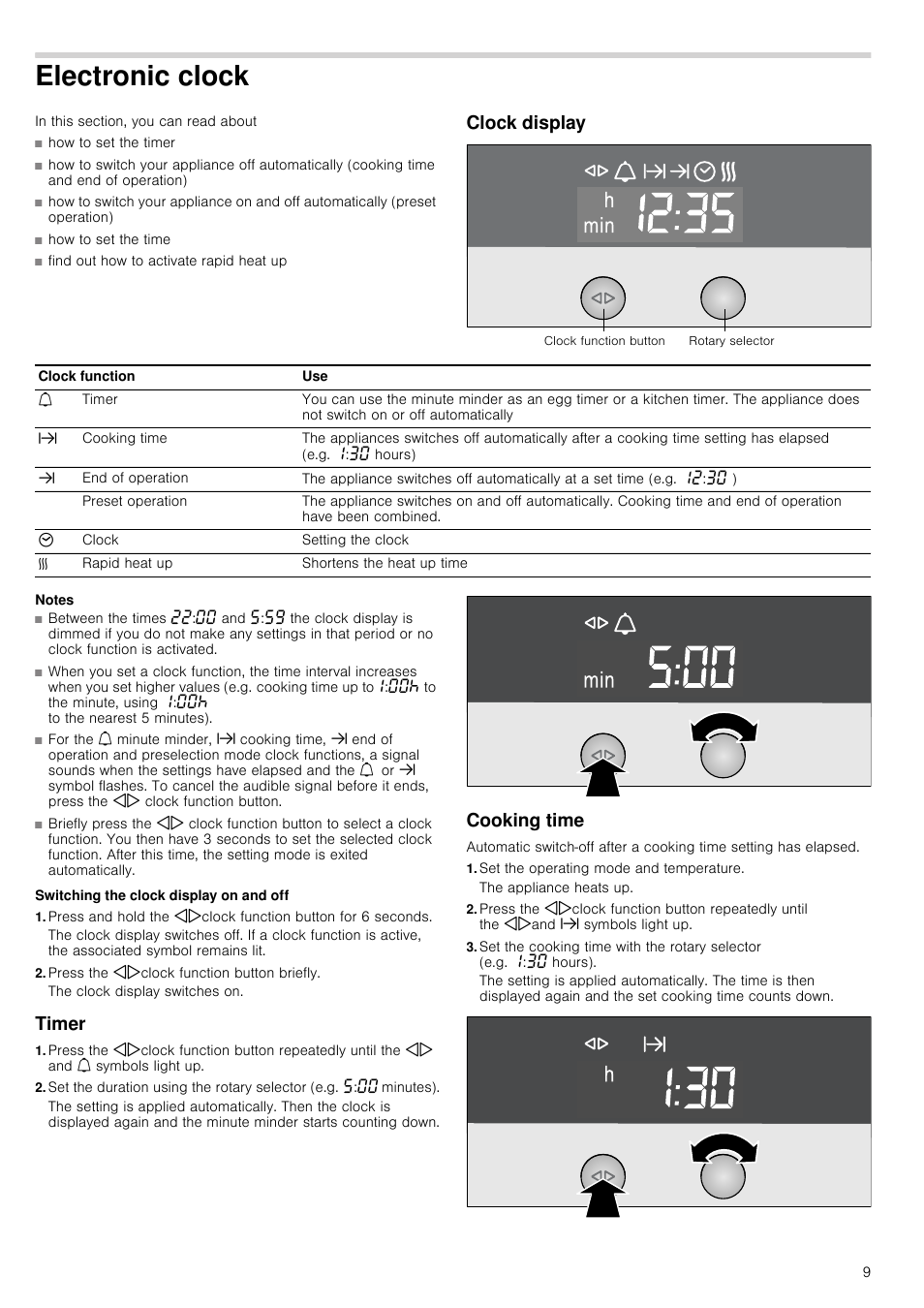 Electronic clock, Clock display, Notes | Switching the clock display on and off, Press the kjclock function button briefly, Timer, Cooking time, Set the operating mode and temperature | Neff B45M54N3GB User Manual | Page 9 / 28