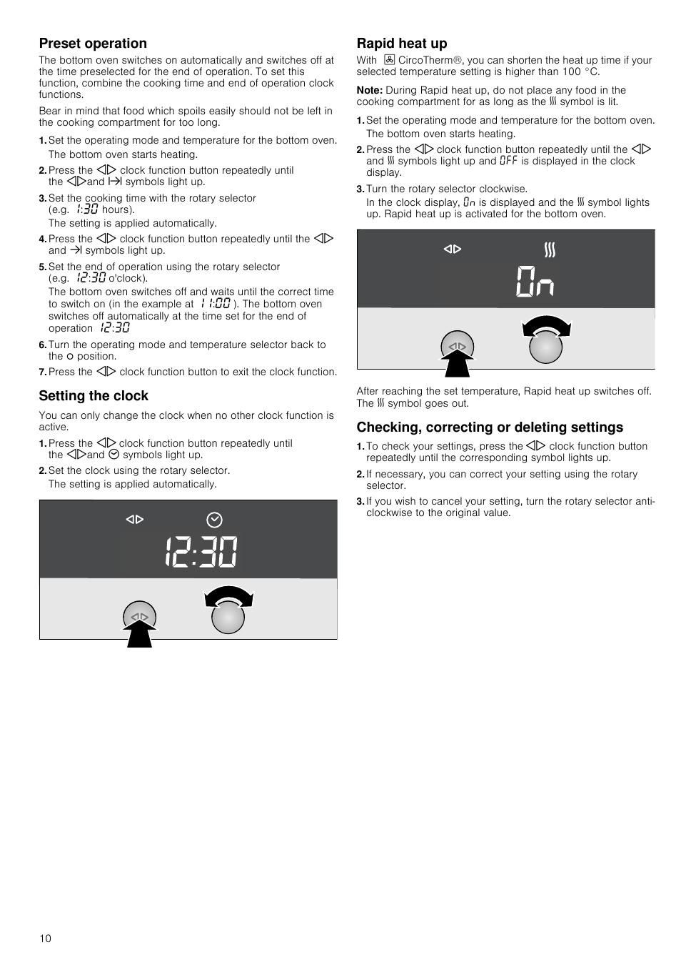 Preset operation, Setting the clock, Set the clock using the rotary selector | Rapid heat up, Note, Turn the rotary selector clockwise, Checking, correcting or deleting settings, Preset operation setting the clock | Neff U15M52N3GB User Manual | Page 10 / 28