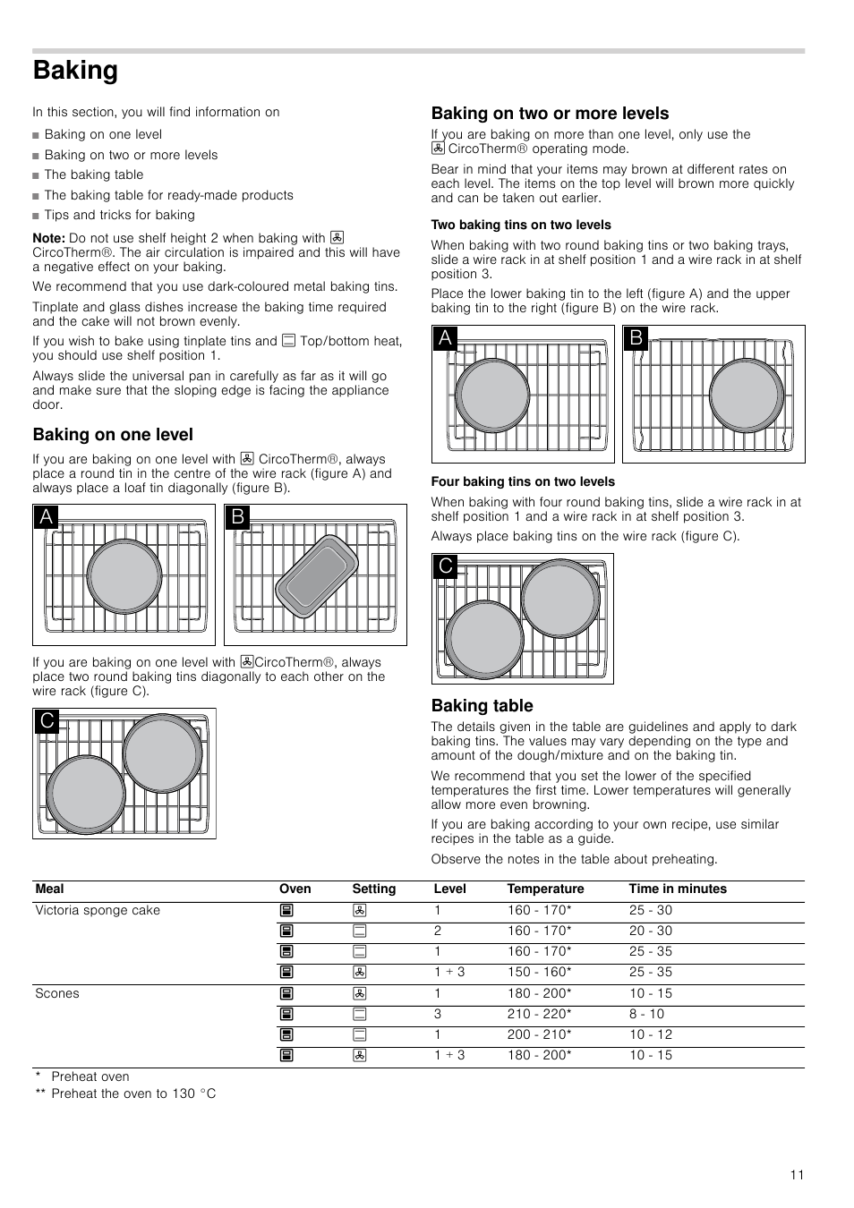 Baking, Note, Baking on one level | Baking on two or more levels, Two baking tins on two levels, Four baking tins on two levels, Baking table | Neff U15M52N3GB User Manual | Page 11 / 28
