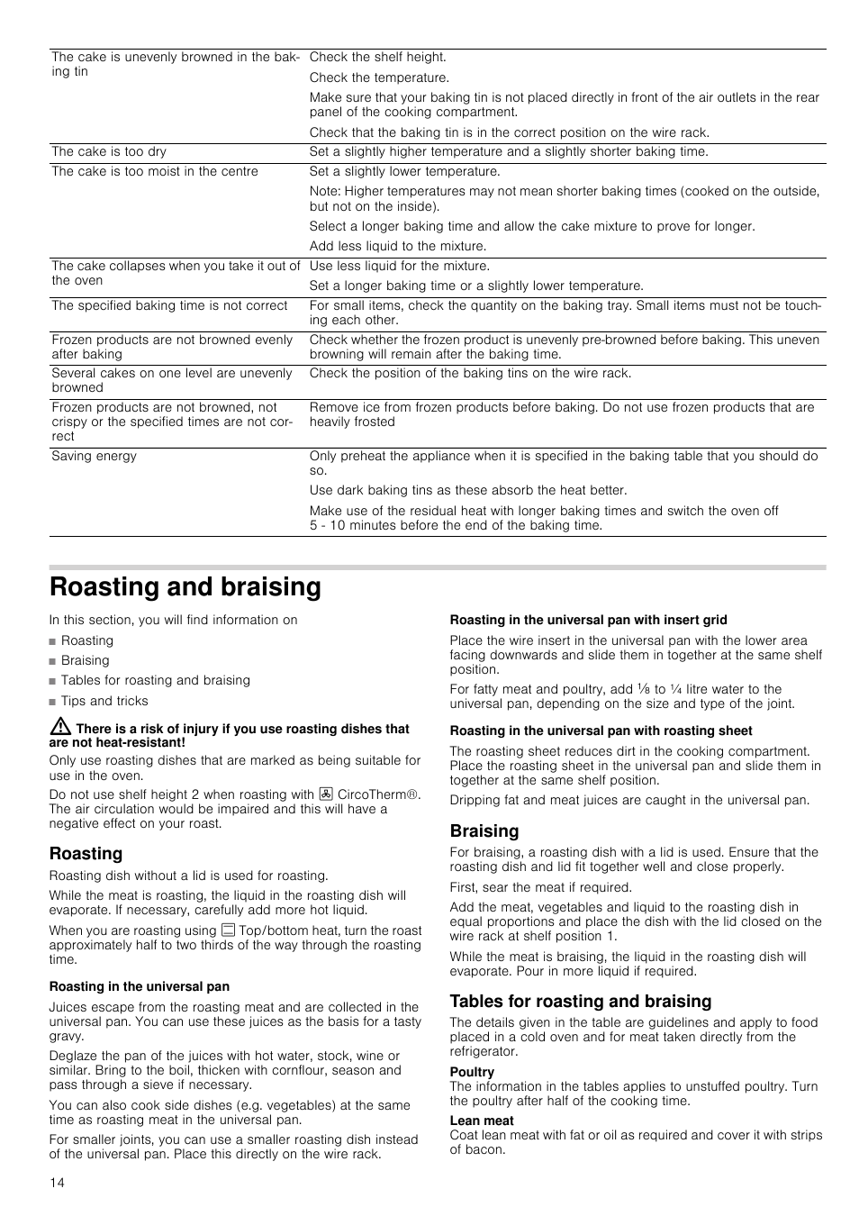 Roasting and braising, Roasting, Roasting in the universal pan | Roasting in the universal pan with insert grid, Roasting in the universal pan with roasting sheet, Braising, Tables for roasting and braising | Neff U15M52N3GB User Manual | Page 14 / 28