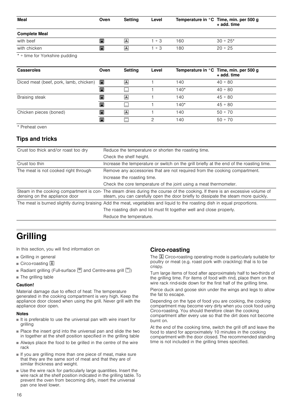 Tips and tricks, Grilling, Caution | Material damage due to effect of heat, Notes, Circo-roasting | Neff U15M52N3GB User Manual | Page 16 / 28