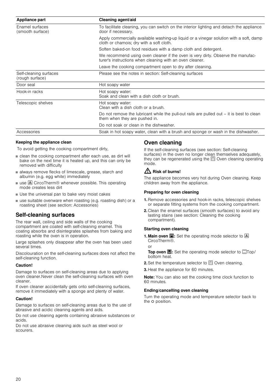 Keeping the appliance clean, Self-cleaning surfaces, Caution | Oven cleaning, Risk of burns, Preparing for oven cleaning, Starting oven cleaning, Set the temperature selector to z oven cleaning, Heat the appliance for 60 minutes, Note | Neff U15M52N3GB User Manual | Page 20 / 28