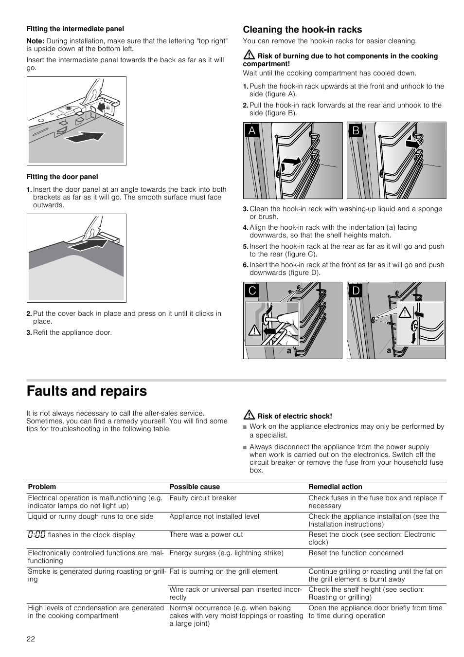 Fitting the intermediate panel, Note, Fitting the door panel | Refit the appliance door, Cleaning the hook-in racks, Faults and repairs, Risk of electric shock | Neff U15M52N3GB User Manual | Page 22 / 28