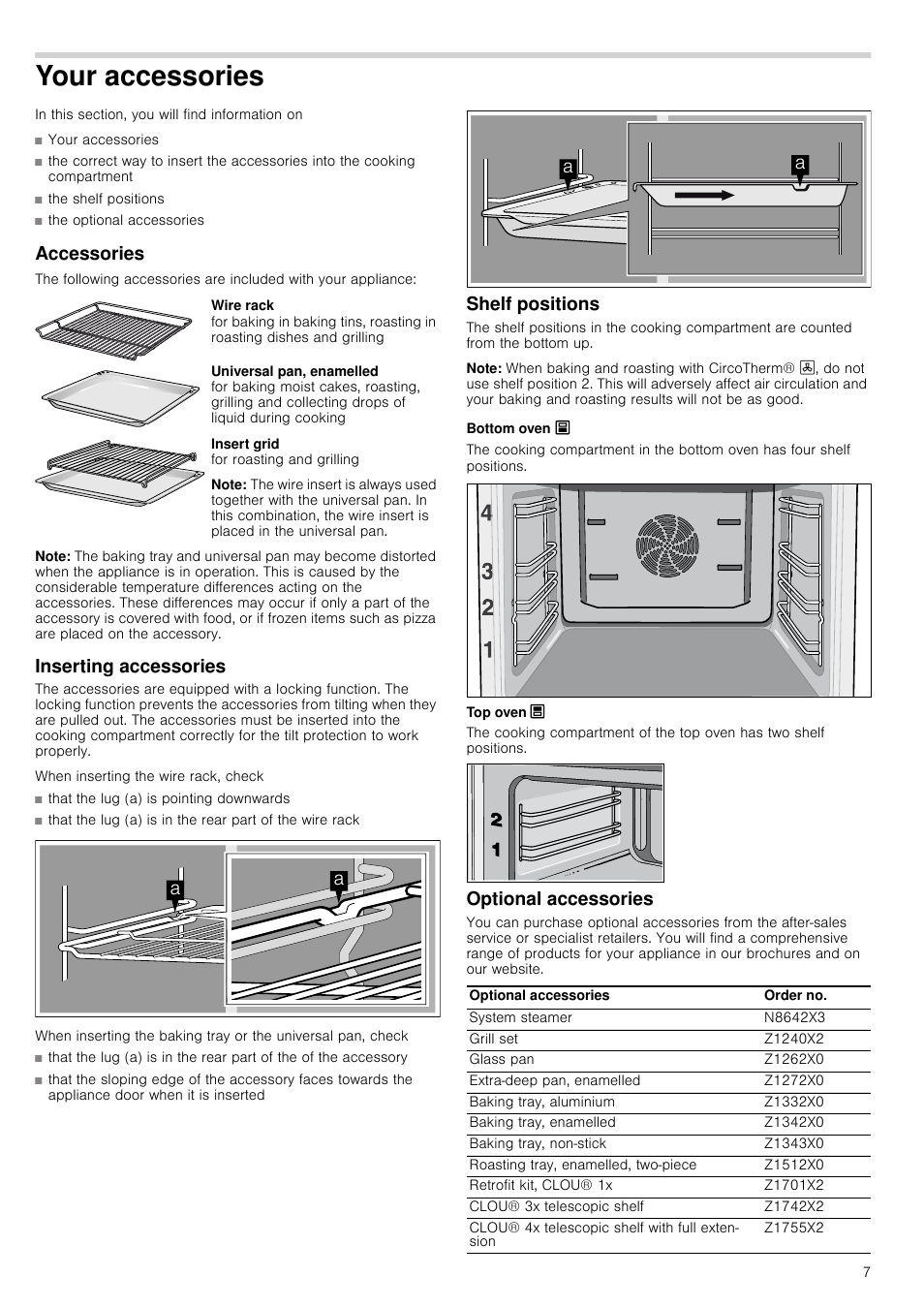 Your accessories, Accessories, Note | Inserting accessories, Shelf positions, Bottom oven õ, Top oven ô, Optional accessories | Neff U15M52N3GB User Manual | Page 7 / 28