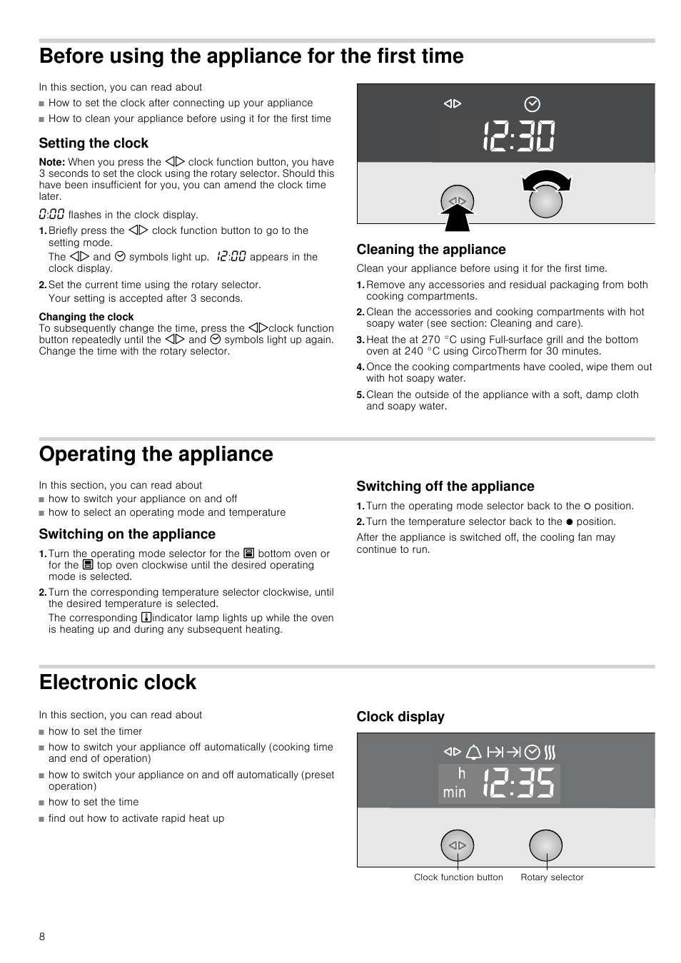 Before using the appliance for the first time, Setting the clock, Note | Set the current time using the rotary selector, Cleaning the appliance, Operating the appliance, Switching on the appliance, Switching off the appliance, Electronic clock, Clock display | Neff U15M52N3GB User Manual | Page 8 / 28