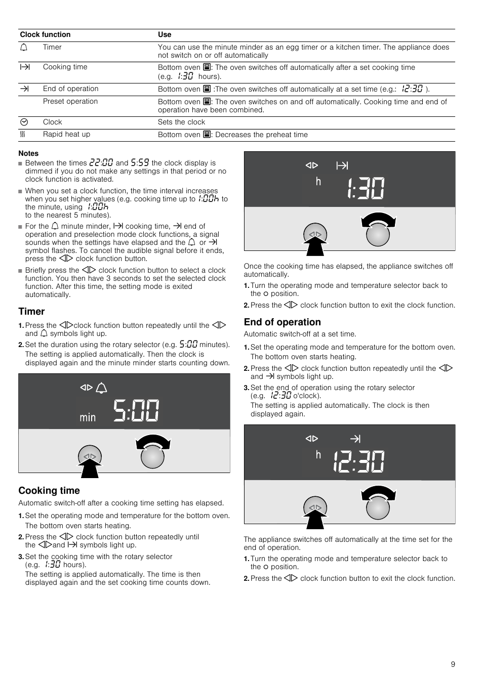 Notes, Timer, Cooking time | End of operation, Cooking time end of operation | Neff U15M52N3GB User Manual | Page 9 / 28