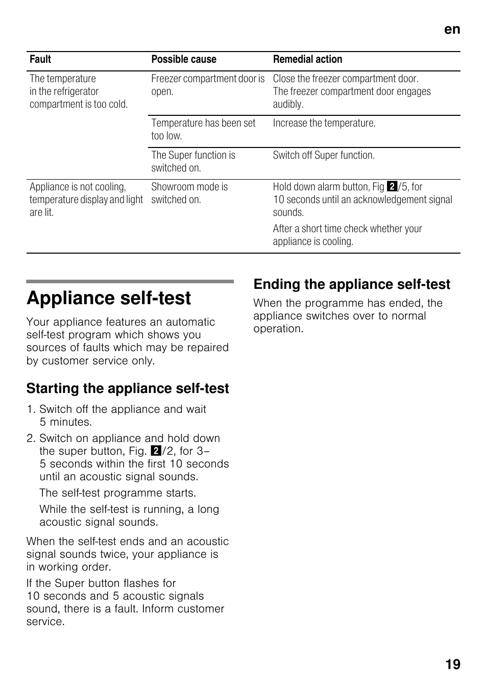 Appliance self-test, Starting the appliance self-test, Ending the appliance self-test | En 19 | Neff KI2823F30G User Manual | Page 19 / 25