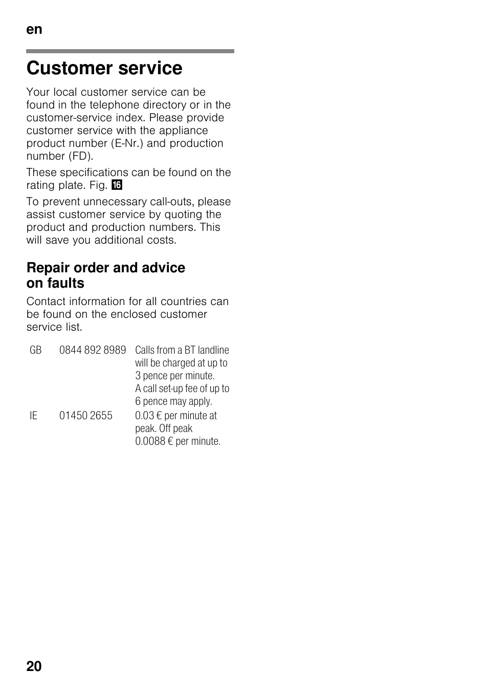 Customer service, Repair order and advice on faults, En 20 | Neff KI2823F30G User Manual | Page 20 / 25