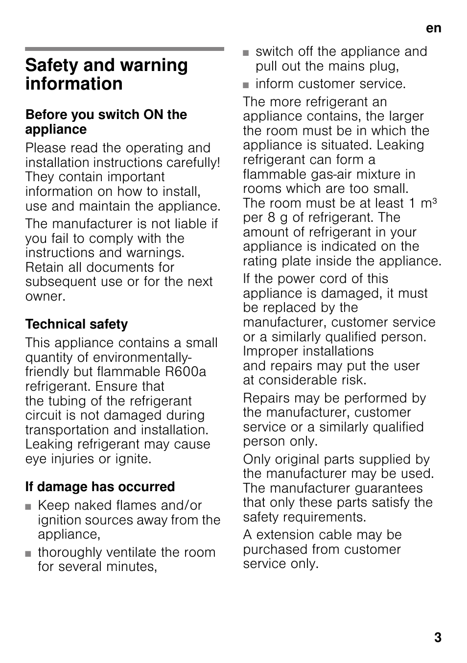 En table of contentsen instruction for use, Safety and warning information, Before you switch on the appliance | Technical safety, If damage has occurred, Thoroughly ventilate the room for several minutes, Inform customer service | Neff KI2823F30G User Manual | Page 3 / 25