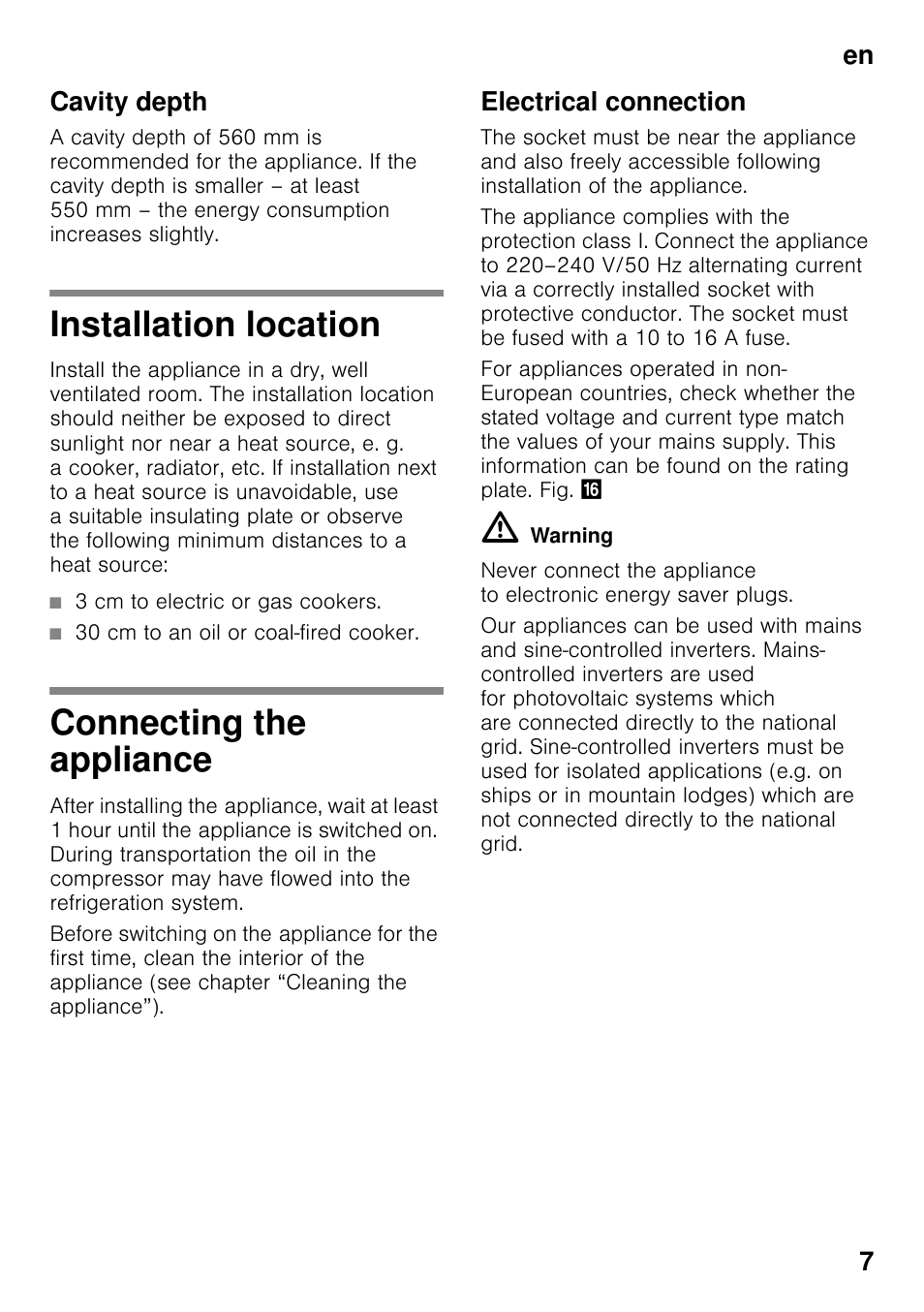 Cavity depth, Installation location, 3 cm to electric or gas cookers | 30 cm to an oil or coal-fired cooker, Connecting the appliance, Electrical connection, Installation location connecting the appliance, En 7 cavity depth | Neff KI2823F30G User Manual | Page 7 / 25