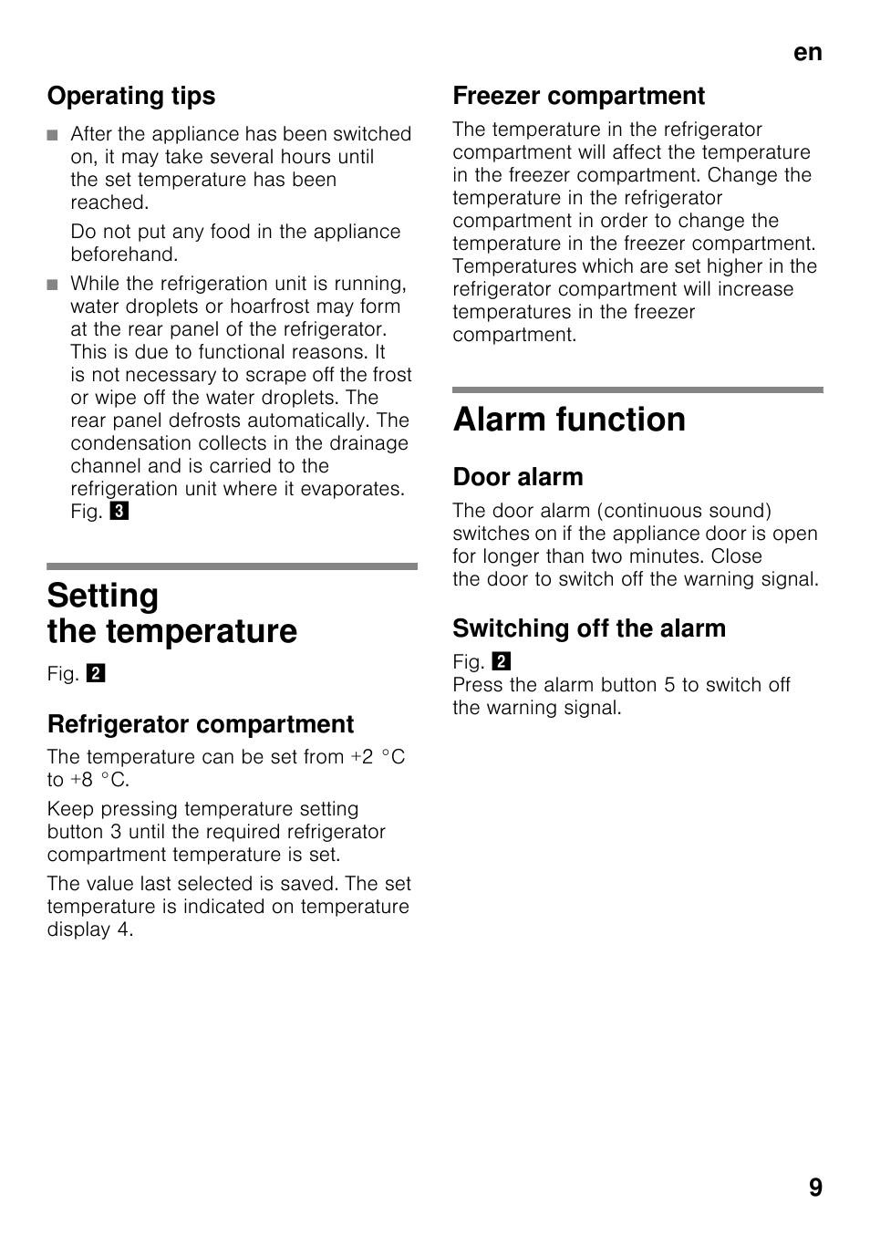 Operating tips, Do not put any food in the appliance beforehand, Setting the temperature | Refrigerator compartment, Freezer compartment, Alarm function, Door alarm, Switching off the alarm, Setting the temperature alarm function, En 9 operating tips | Neff KI2823F30G User Manual | Page 9 / 25