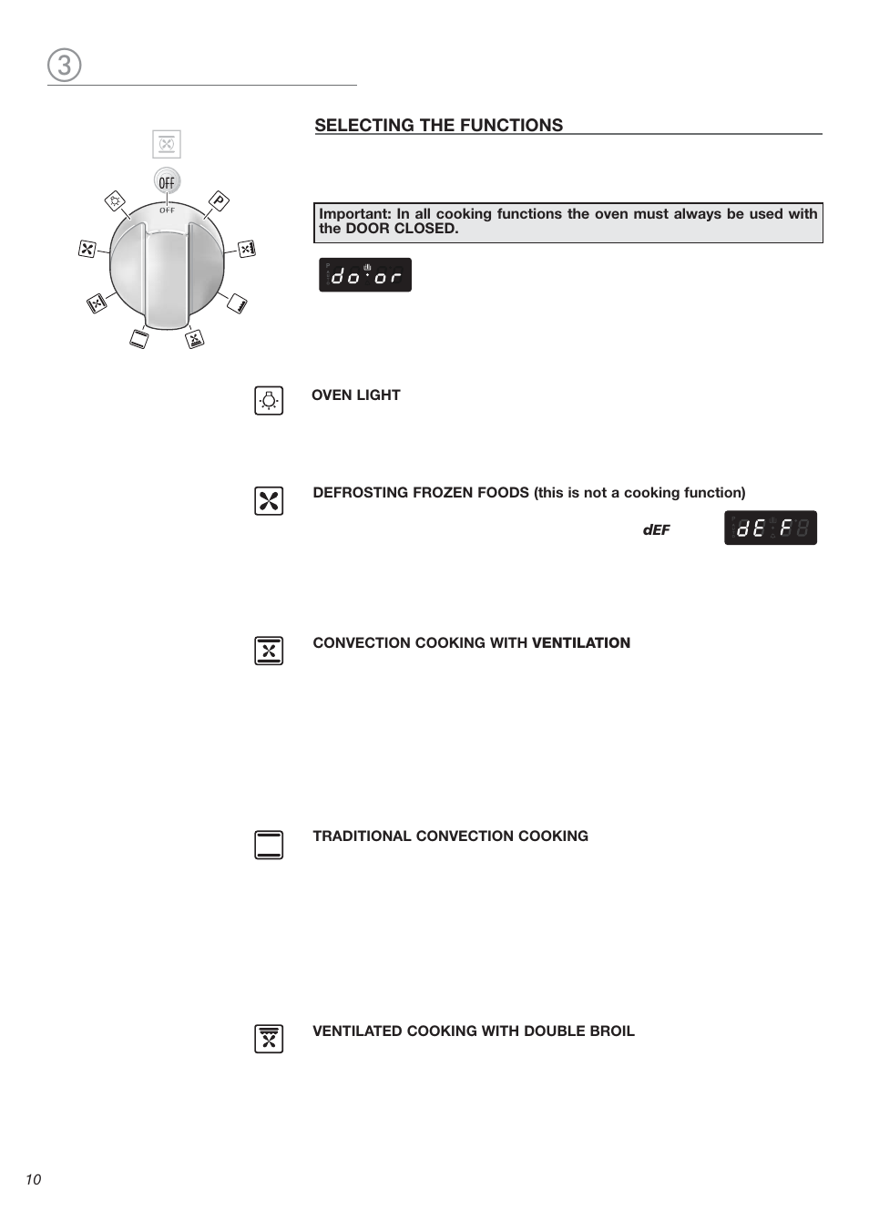 Selecting the functions, Oven light, Door | Convection cooking with ventilation, Traditional convection cooking, Ventilated cooking with double broil | Avanti DE 2402 SC User Manual | Page 10 / 56