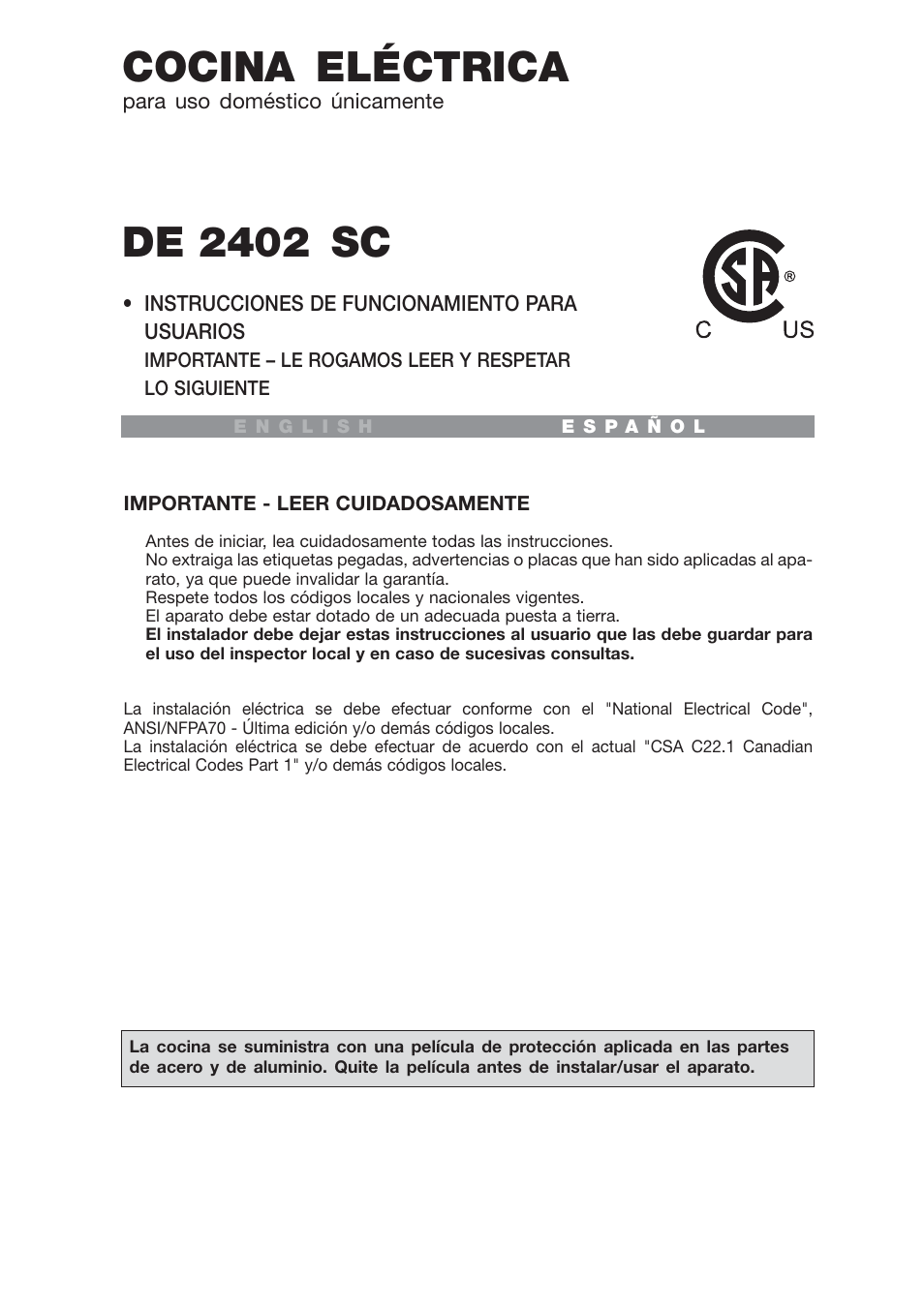 Cocina eléctrica, De 2402 sc | Avanti DE 2402 SC User Manual | Page 29 / 56