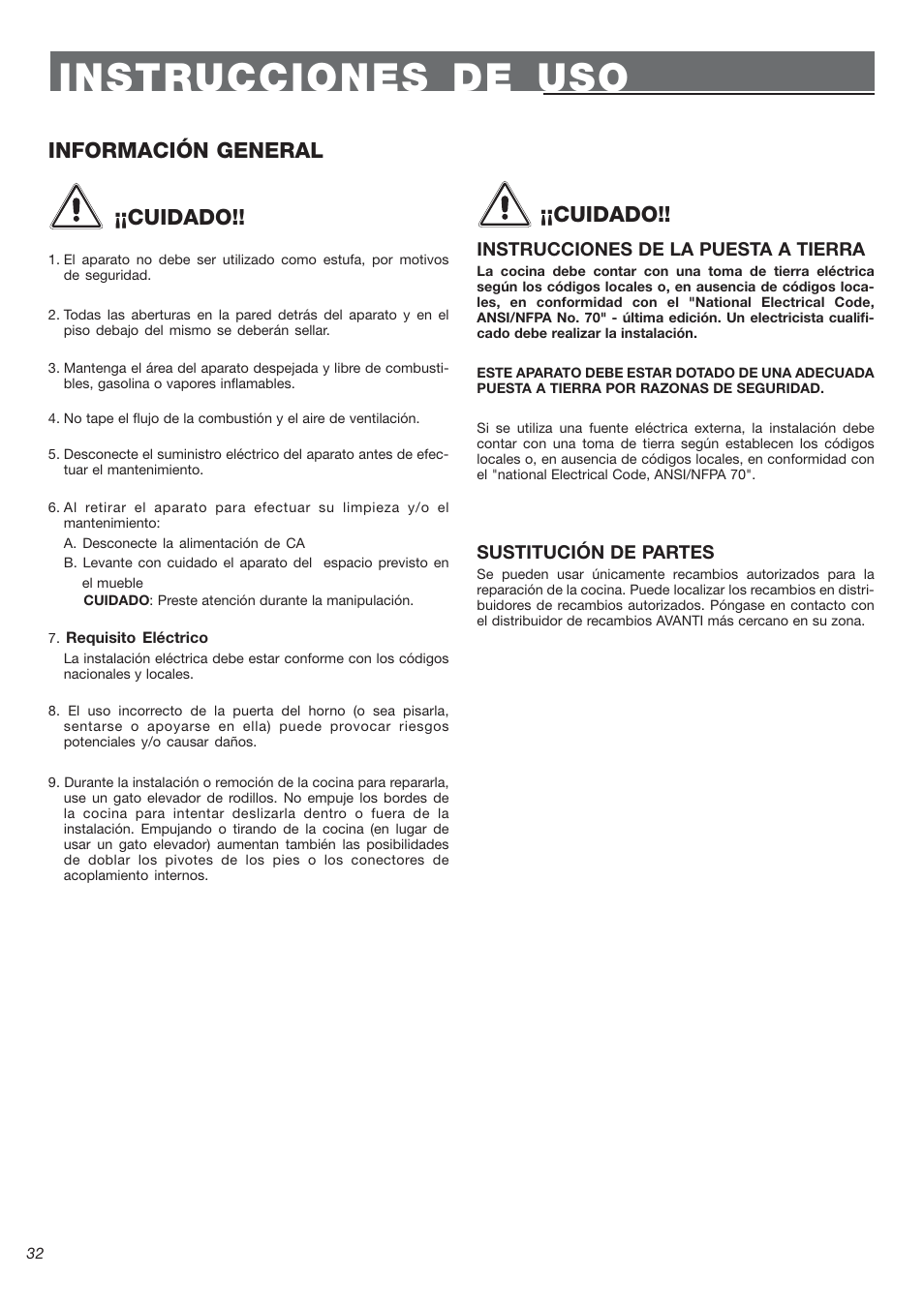 Instrucciones de uso, Información general ¡¡cuidado, Cuidado | Avanti DE 2402 SC User Manual | Page 32 / 56