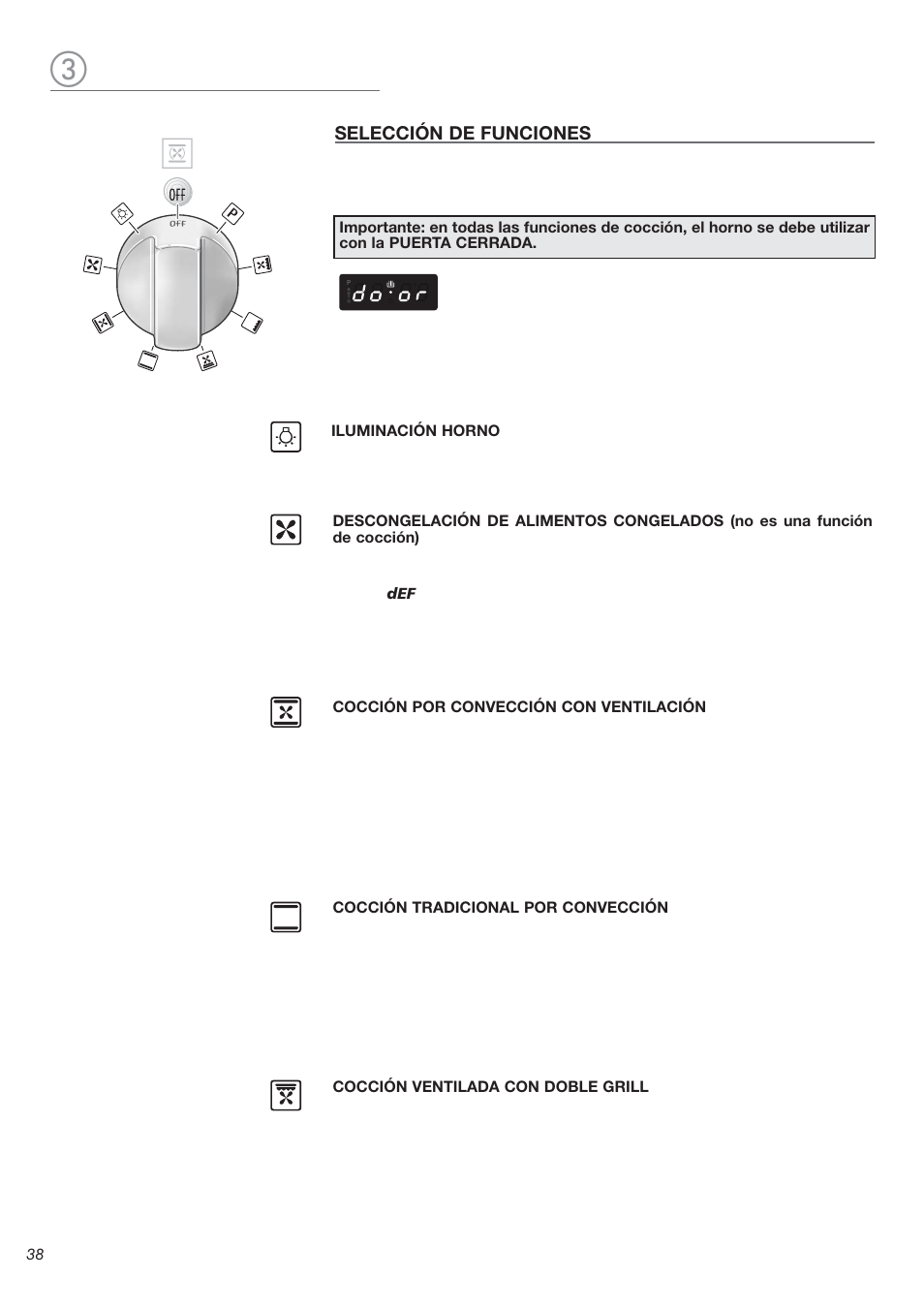 Selección de funciones, Iluminación horno, Door | Cocción por convección con ventilación, Cocción tradicional por convección, Cocción ventilada con doble grill | Avanti DE 2402 SC User Manual | Page 38 / 56