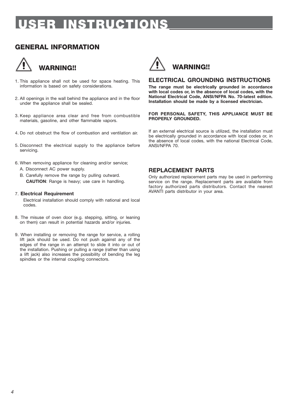 User instructions, General information warning, Warning | Avanti DE 2402 SC User Manual | Page 4 / 56