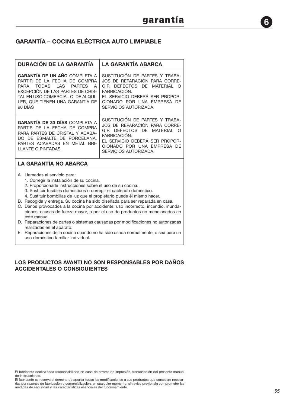 Garantía | Avanti DE 2402 SC User Manual | Page 55 / 56