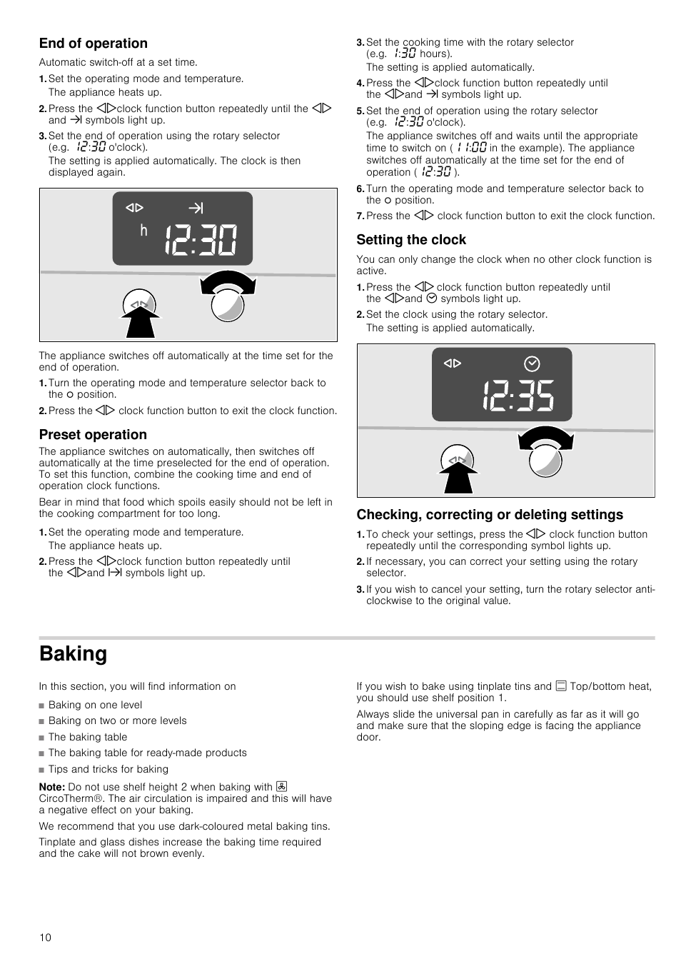 End of operation, Set the operating mode and temperature, Preset operation | Setting the clock, Set the clock using the rotary selector, Checking, correcting or deleting settings, Baking, Note | Neff B14M42S3GB User Manual | Page 10 / 24