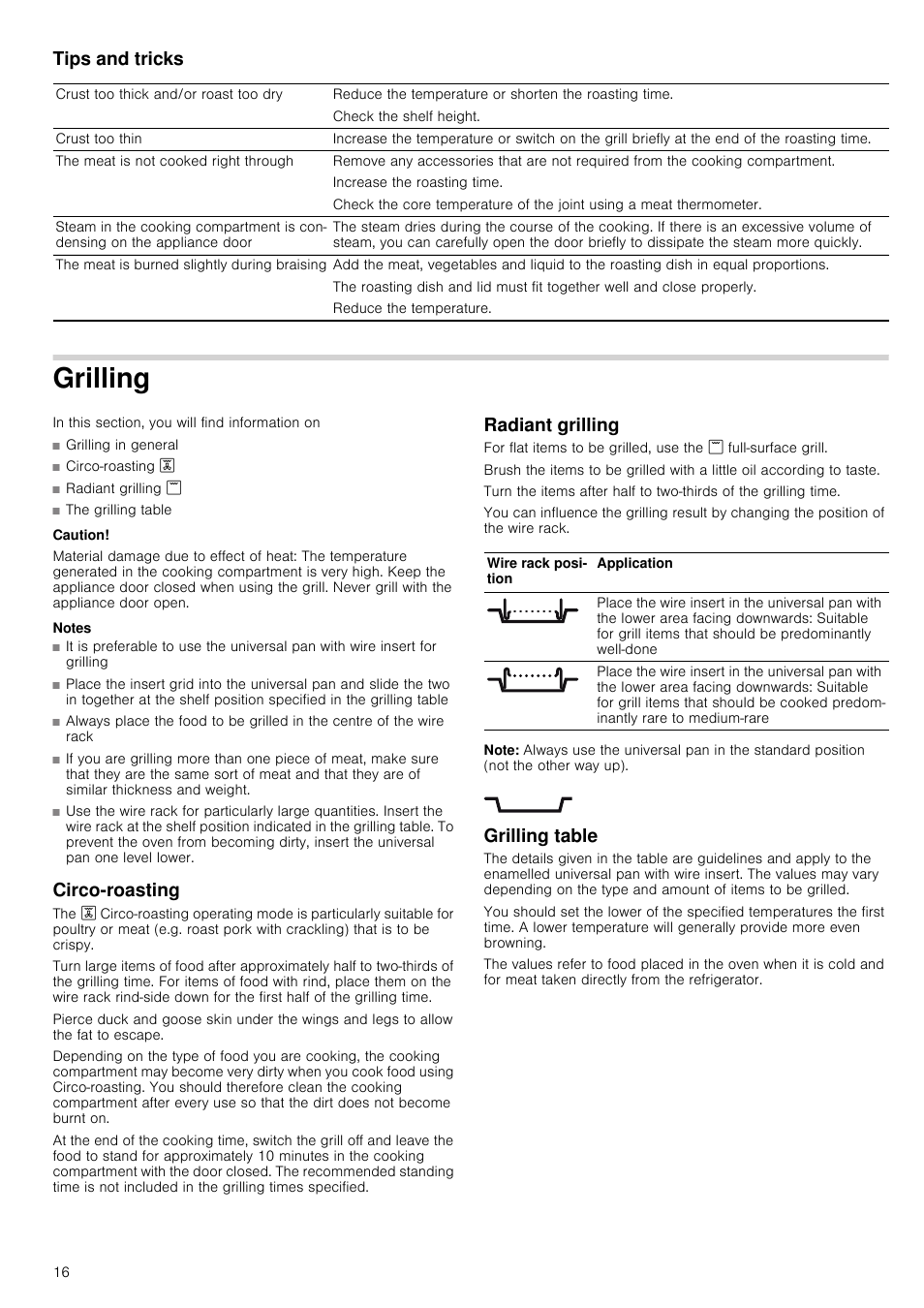 Tips and tricks, Grilling, Caution | Material damage due to effect of heat, Notes, Circo-roasting, Radiant grilling, Note, Grilling table, Circo-roasting radiant grilling grilling table | Neff B14M42S3GB User Manual | Page 16 / 24