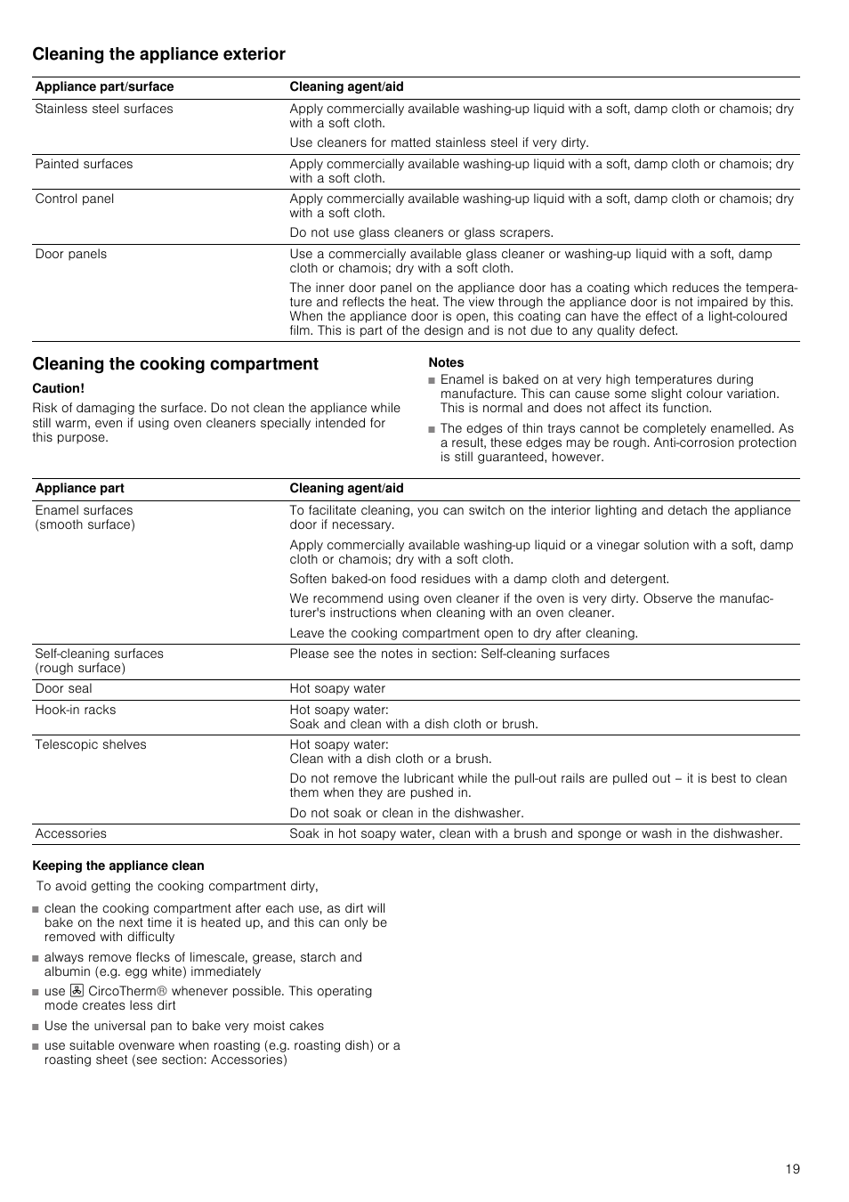 Cleaning the appliance exterior, Cleaning the cooking compartment, Caution | Notes, Keeping the appliance clean | Neff B14M42S3GB User Manual | Page 19 / 24