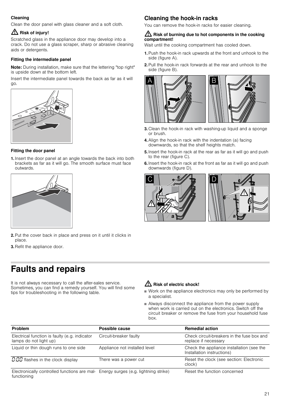 Cleaning, Risk of injury, Fitting the intermediate panel | Note, Fitting the door panel, Refit the appliance door, Cleaning the hook-in racks, Faults and repairs, Risk of electric shock | Neff B14M42S3GB User Manual | Page 21 / 24