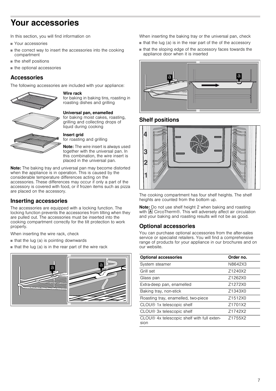 Your accessories, Accessories, Note | Inserting accessories, Shelf positions, Optional accessories | Neff B14M42S3GB User Manual | Page 7 / 24