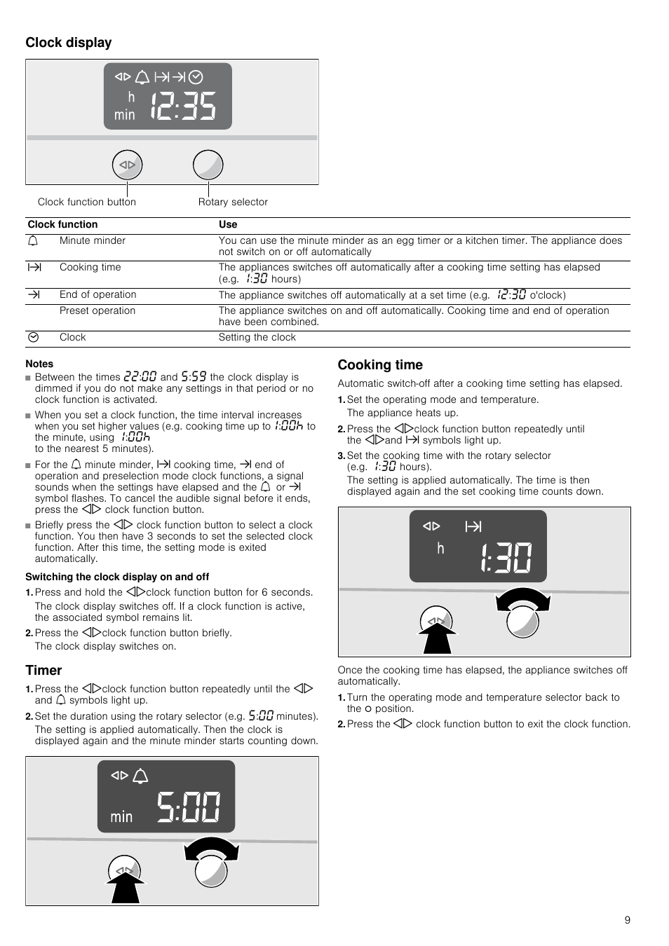 Clock display, Notes, Switching the clock display on and off | Press the kjclock function button briefly, Timer, Cooking time, Set the operating mode and temperature | Neff B14M42S3GB User Manual | Page 9 / 24