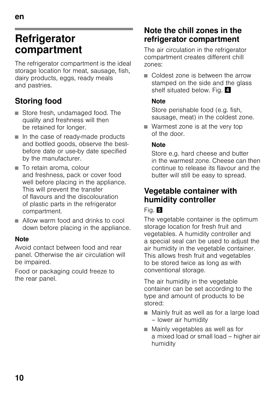 Refrigerator compartment, Storing food, Note | Warmest zone is at the very top of the door, Vegetable container with humidity controller, En 10 | Neff KI2423D40G User Manual | Page 10 / 25