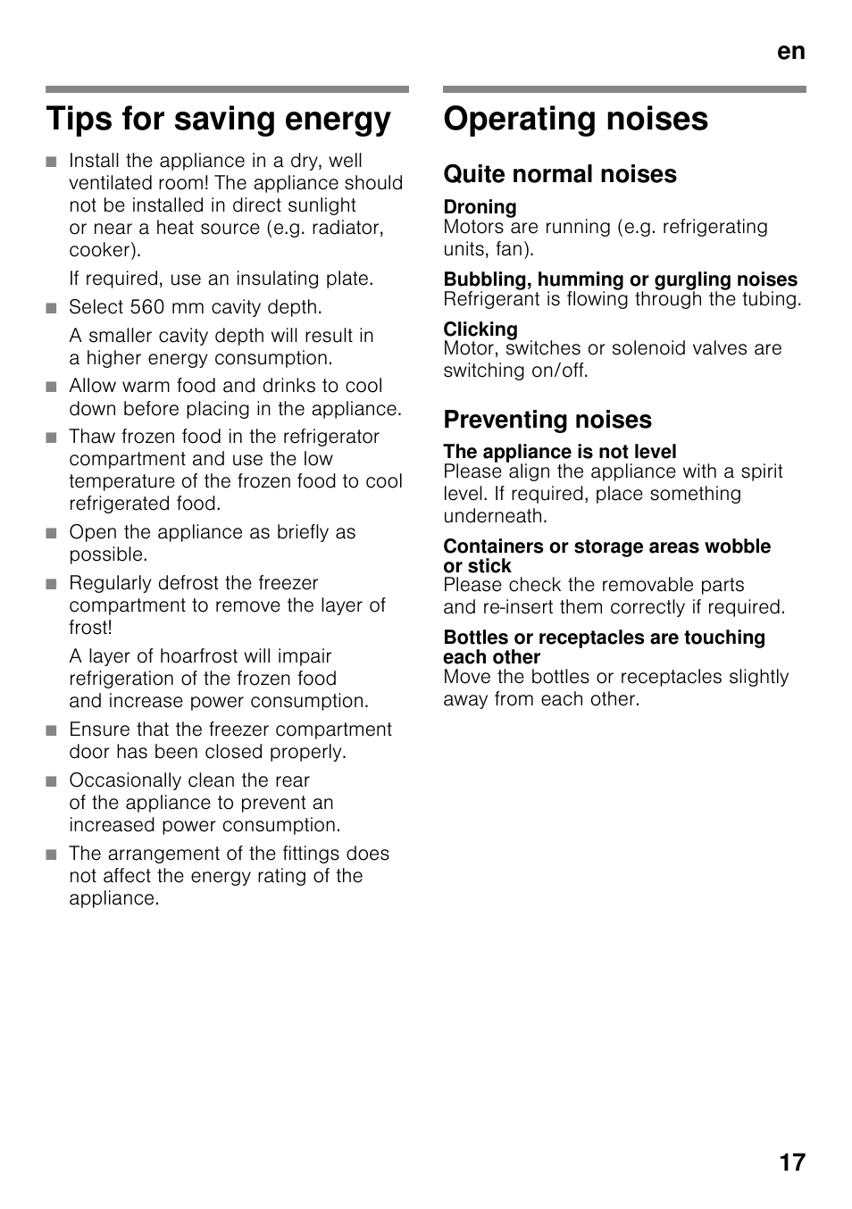 Tips for saving energy, If required, use an insulating plate, Select 560 mm cavity depth | Open the appliance as briefly as possible, Operating noises, Quite normal noises, Droning, Bubbling, humming or gurgling noises, Clicking, Preventing noises | Neff KI2423D40G User Manual | Page 17 / 25