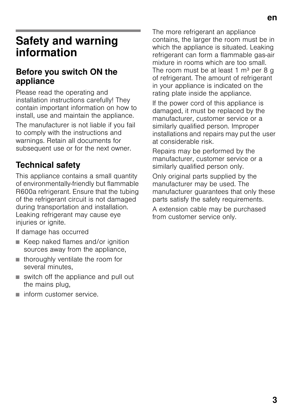 En table of contentsen instruction for use, Safety and warning information, Before you switch on the appliance | Technical safety, If damage has occurred, Thoroughly ventilate the room for several minutes, Inform customer service, En 3 | Neff KI2423D40G User Manual | Page 3 / 25