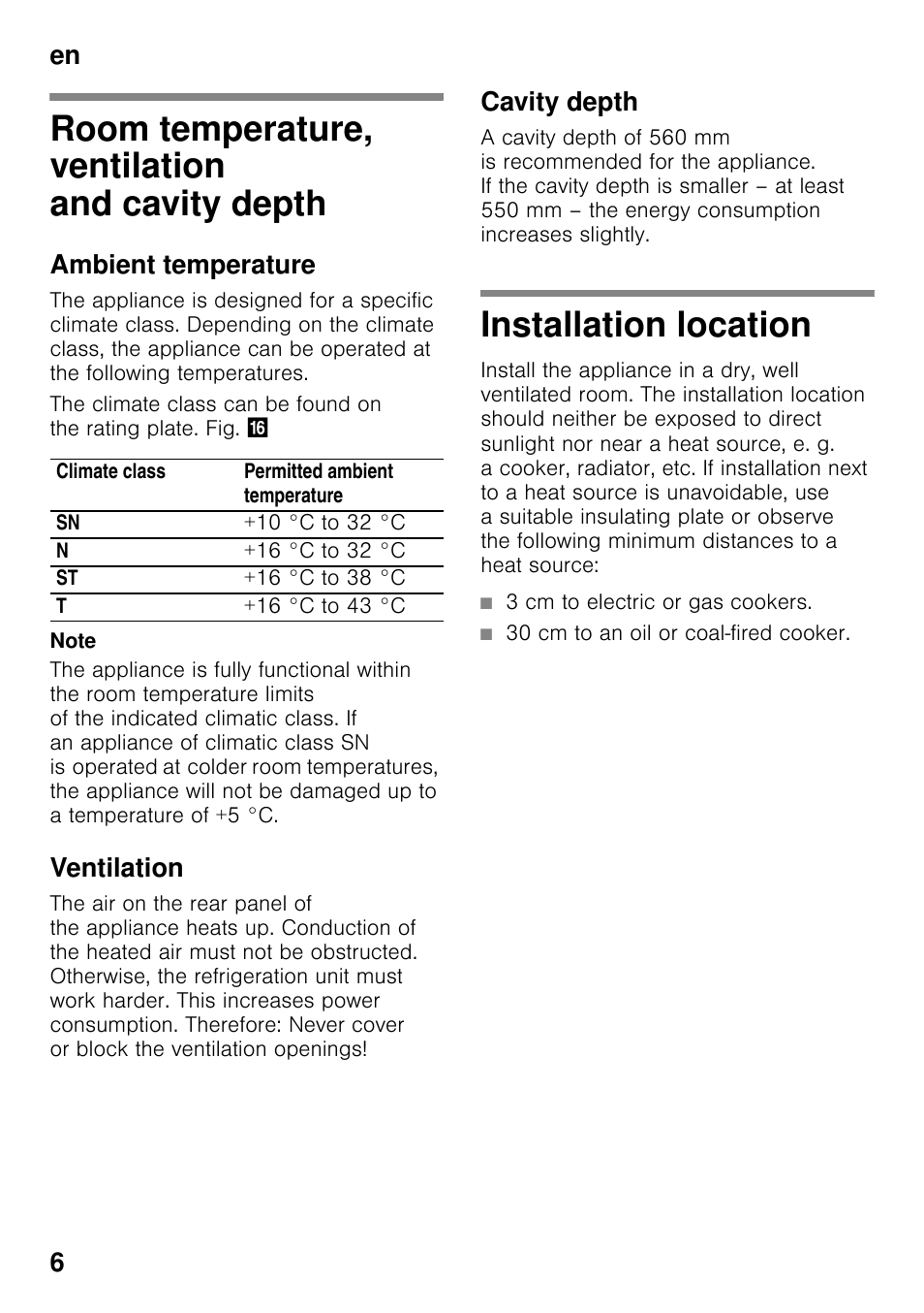 Room temperature, ventilation and cavity depth, Ambient temperature, Ventilation | Cavity depth, Installation location, 3 cm to electric or gas cookers, 30 cm to an oil or coal-fired cooker, Cavity depth installation location, En 6 | Neff KI2423D40G User Manual | Page 6 / 25