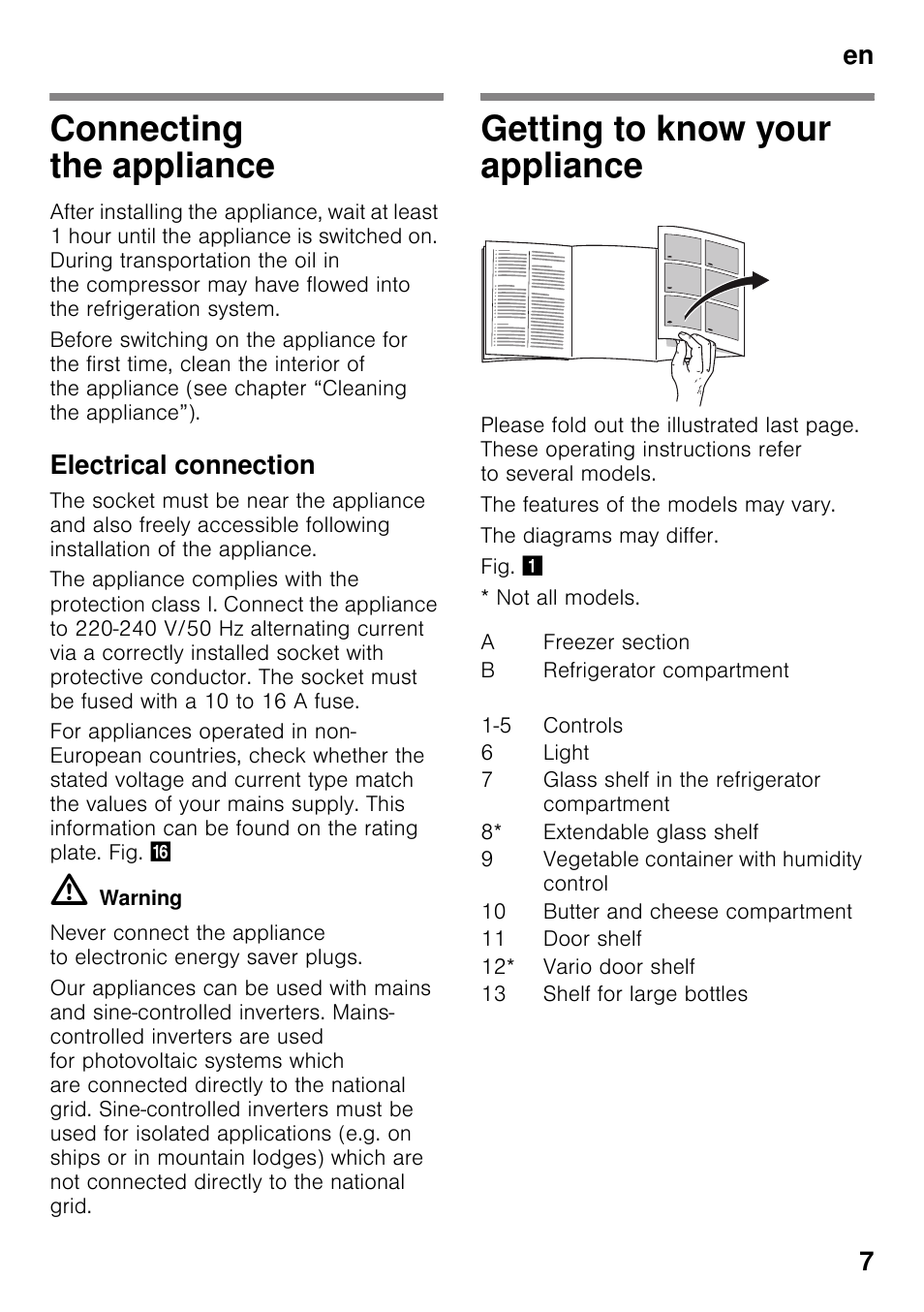 Connecting the appliance, Electrical connection, Getting to know your appliance | En 7 | Neff KI2423D40G User Manual | Page 7 / 25