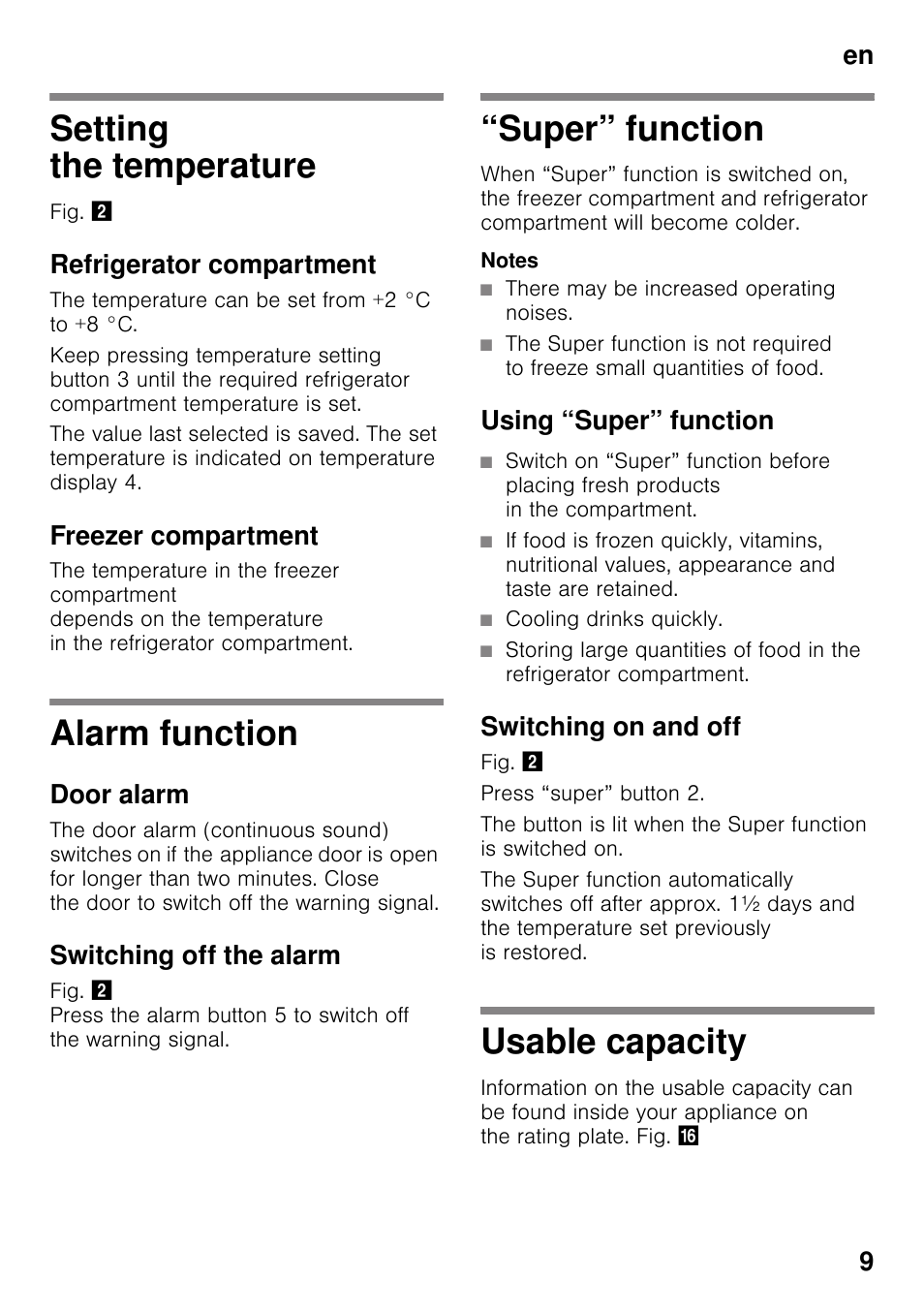 Setting the temperature, Refrigerator compartment, Freezer compartment | Alarm function, Door alarm, Switching off the alarm, Super” function, Notes, There may be increased operating noises, Using “super” function | Neff KI2423D40G User Manual | Page 9 / 25