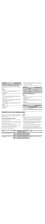 Cooking with the automatic programmes, Notes, Combi­cooking programme | Tested for you in our cooking studio, Information regarding the tables, Defrost | Neff H56G20N3GB User Manual | Page 13 / 20