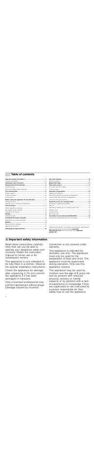 Ú table of contents[en] instruction manual, Installation and connection 5, Energy and environment tips 5 | The control panel 6, Before using the appliance for the first time 7, The microwave 7, Grilling 8, Combined microwave and grill 9, Memory 9, Changing the signal duration 10 | Neff H56G20N3GB User Manual | Page 2 / 20