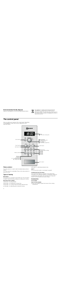 Environmentally-friendly disposal, The control panel, Rotary selector | Types of heating, Microwaves, Microwave power settings, Grill, Combined grill and microwave, Accessories, How to fit the turntable | Neff H56G20N3GB User Manual | Page 6 / 20