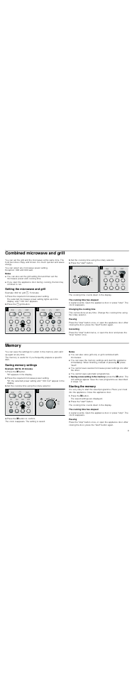 Combined microwave and grill, Notes, Setting the microwave and grill | Press the required microwave power setting, Press the ( grill button, Set the cooking time using the rotary selector, Press the "start" button, The cooking time has elapsed, Changing the cooking time, Pausing | Neff H56G20N3GB User Manual | Page 9 / 20