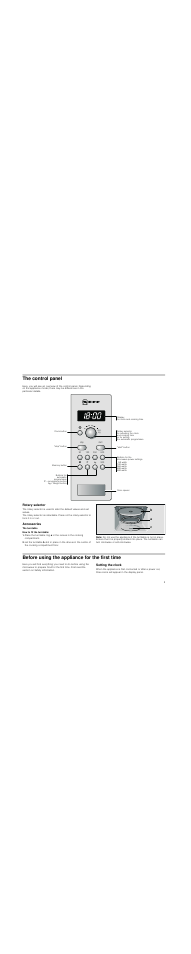The control panel, Rotary selector, Accessories | How to fit the turntable, Note, Before using the appliance for the first time, Setting the clock, Ed f | Neff H56W20N3GB User Manual | Page 5 / 16